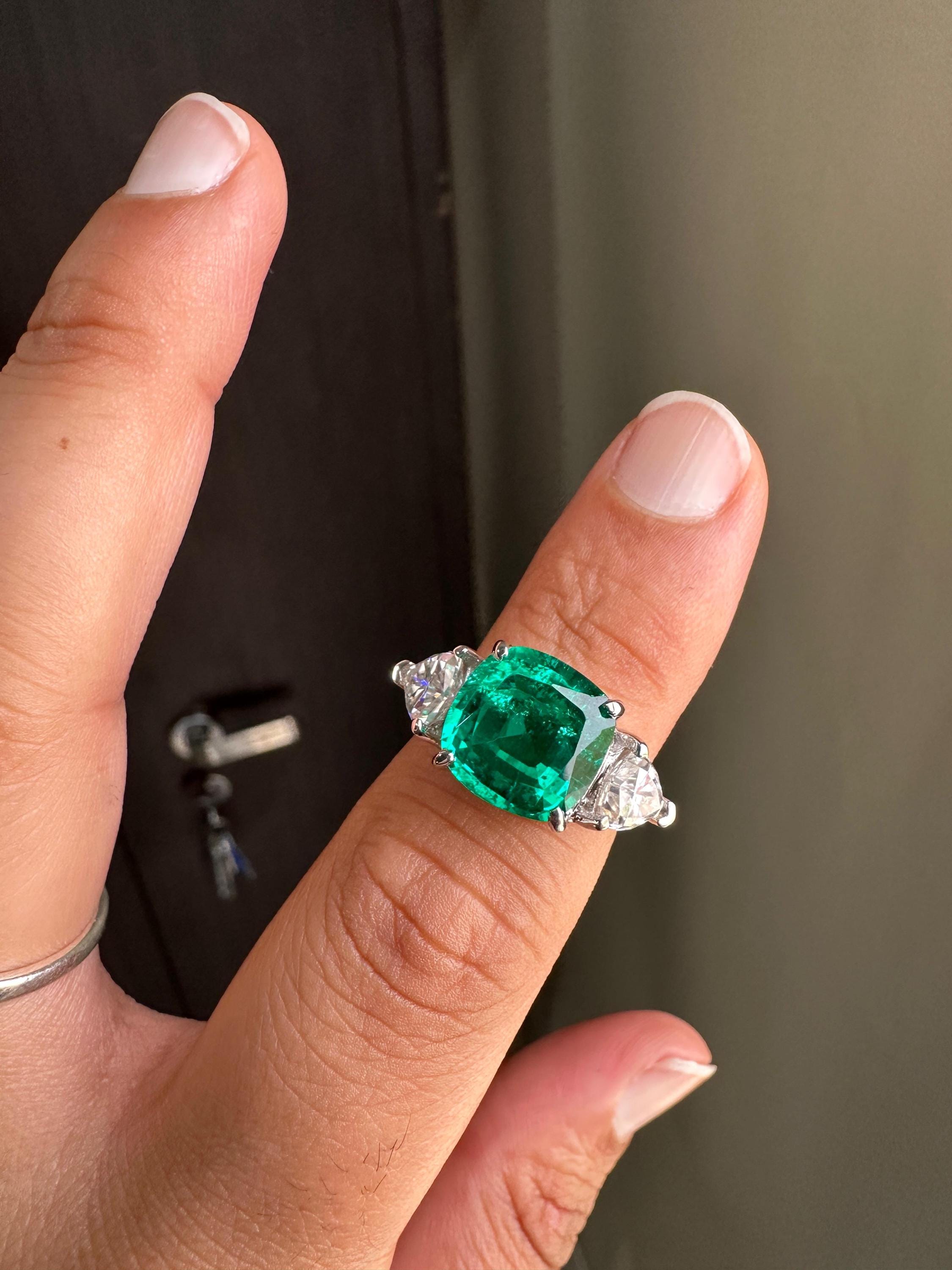 14k White Gold Cushion Emerald Ring | Trillion Moissanite Three Stone Ring