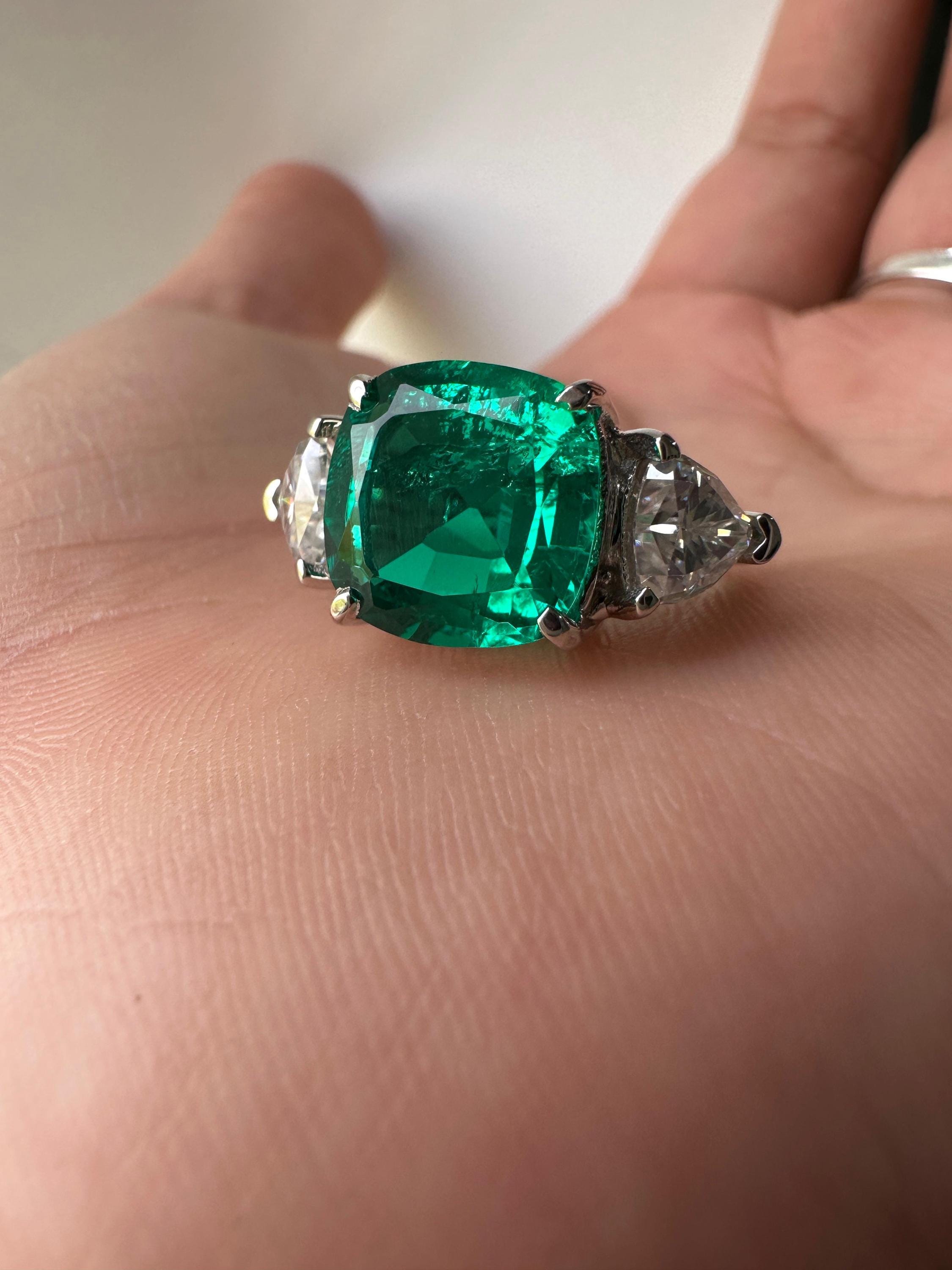 14k White Gold Cushion Emerald Ring | Trillion Moissanite Three Stone Ring