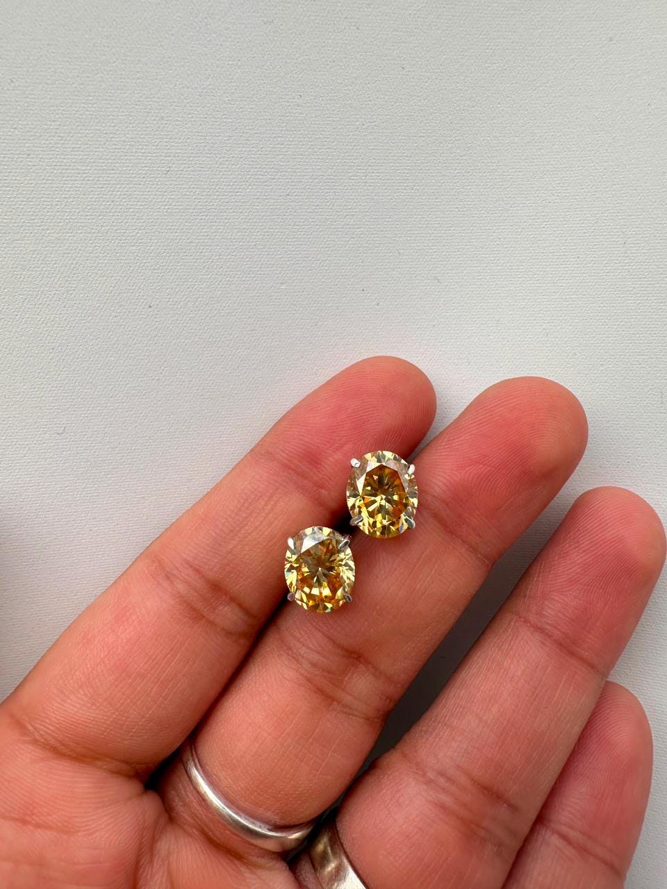 8 CT Oval Yellow Moissanite Solitaire Stud Earrings, 14K White Gold Statement Jewelry