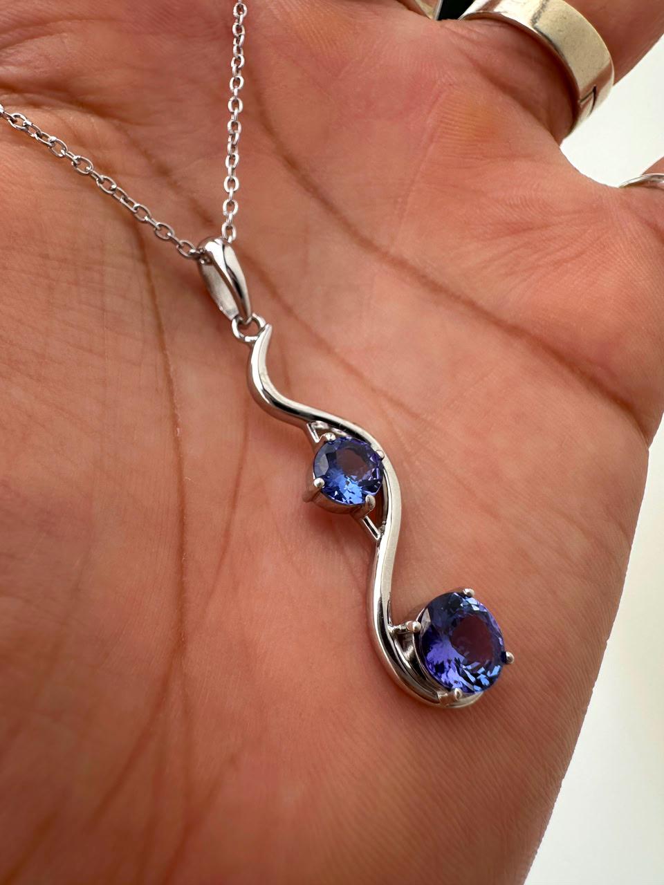 Natural Tanzanite Wave Pendant | Two Stone Necklace | 2.25CT | 14K White Gold