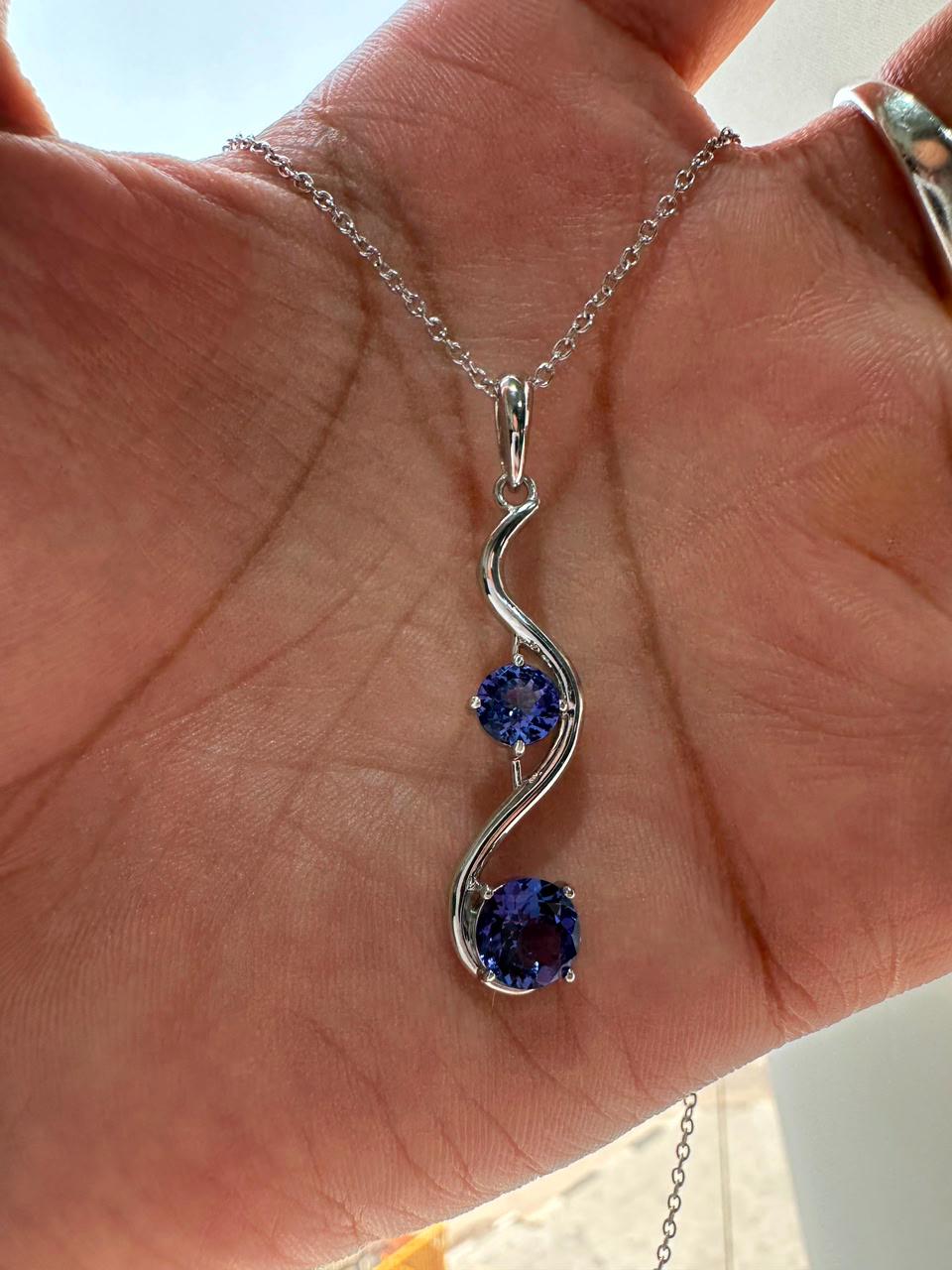 Natural Tanzanite Wave Pendant | Two Stone Necklace | 2.25CT | 14K White Gold