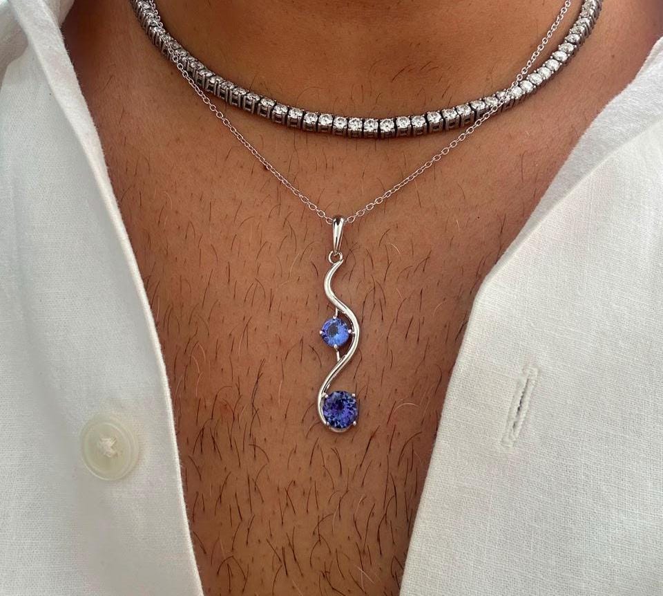 Natural Tanzanite Wave Pendant | Two Stone Necklace | 2.25CT | 14K White Gold