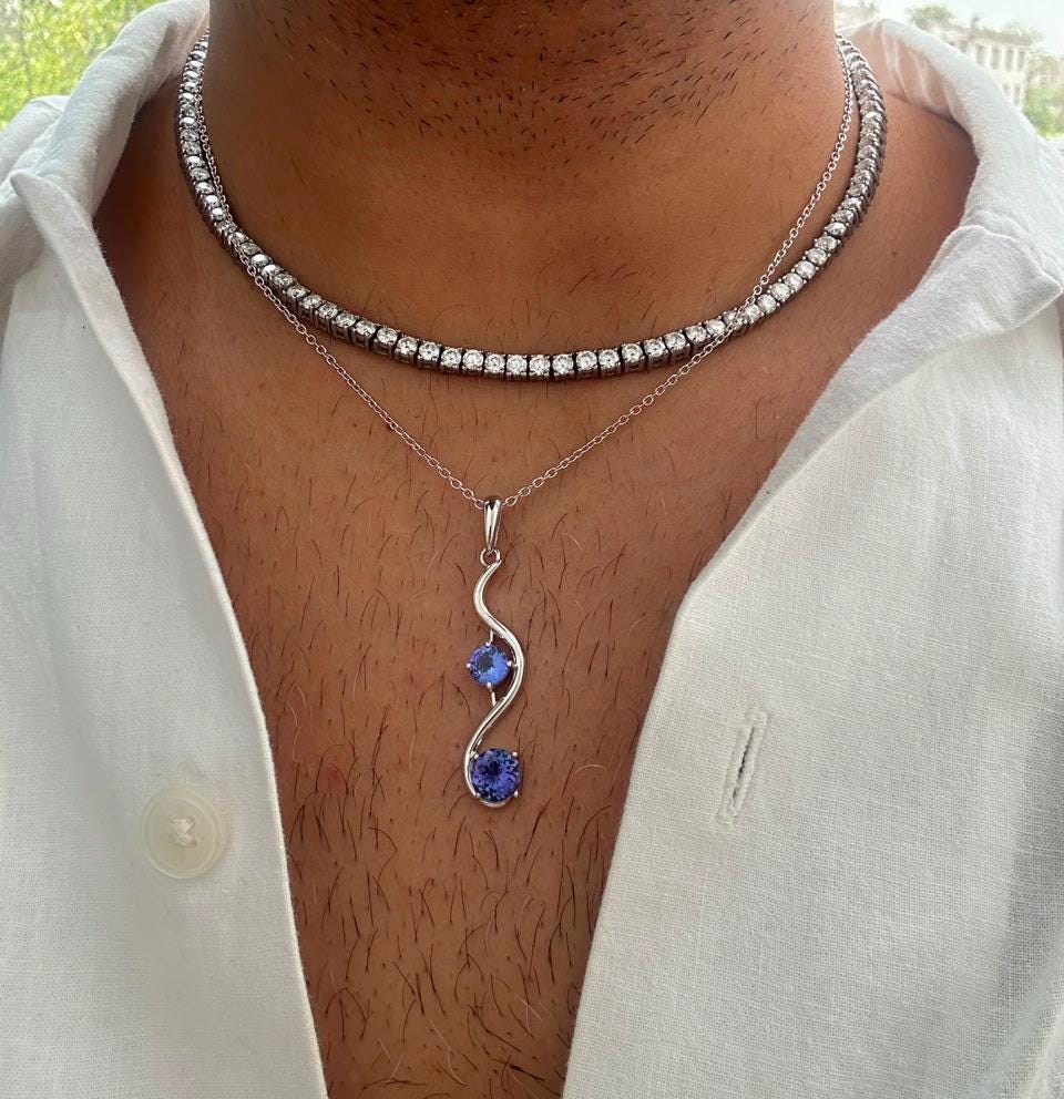 Natural Tanzanite Wave Pendant | Two Stone Necklace | 2.25CT | 14K White Gold
