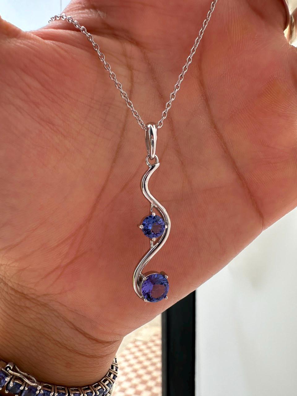 Natural Tanzanite Wave Pendant | Two Stone Necklace | 2.25CT | 14K White Gold