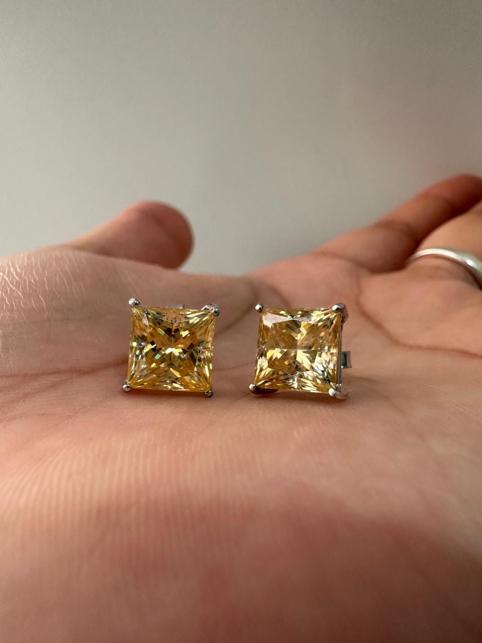 7 CT Princess Cut Yellow Moissanite Stud Earrings, 14K White Gold Statement Jewelry