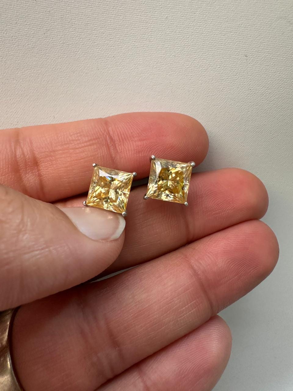7 CT Princess Cut Yellow Moissanite Stud Earrings, 14K White Gold Statement Jewelry