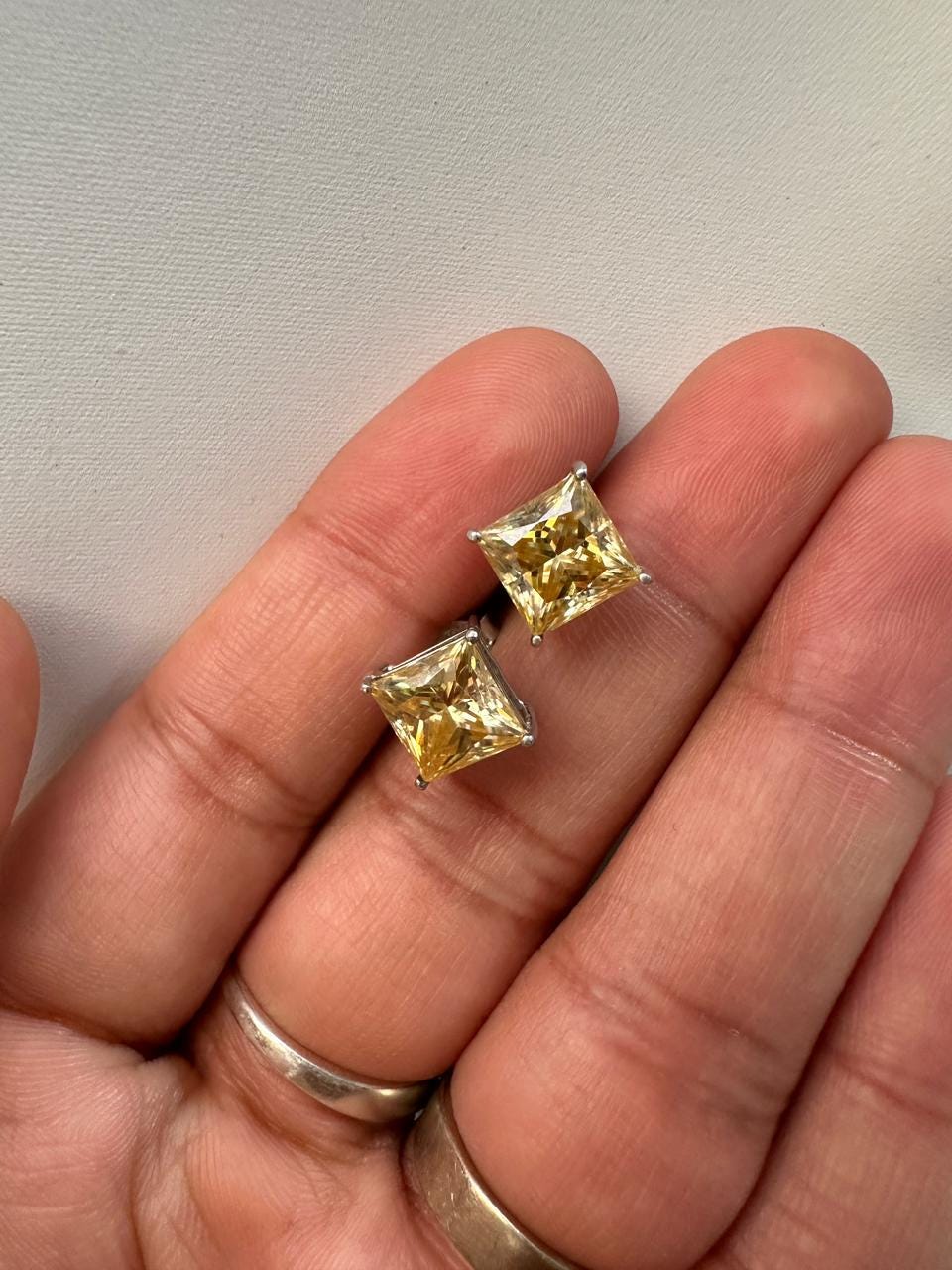 7 CT Princess Cut Yellow Moissanite Stud Earrings, 14K White Gold Statement Jewelry