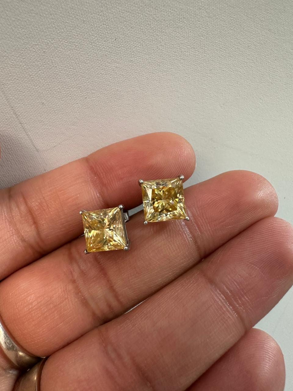7 CT Princess Cut Yellow Moissanite Stud Earrings, 14K White Gold Statement Jewelry