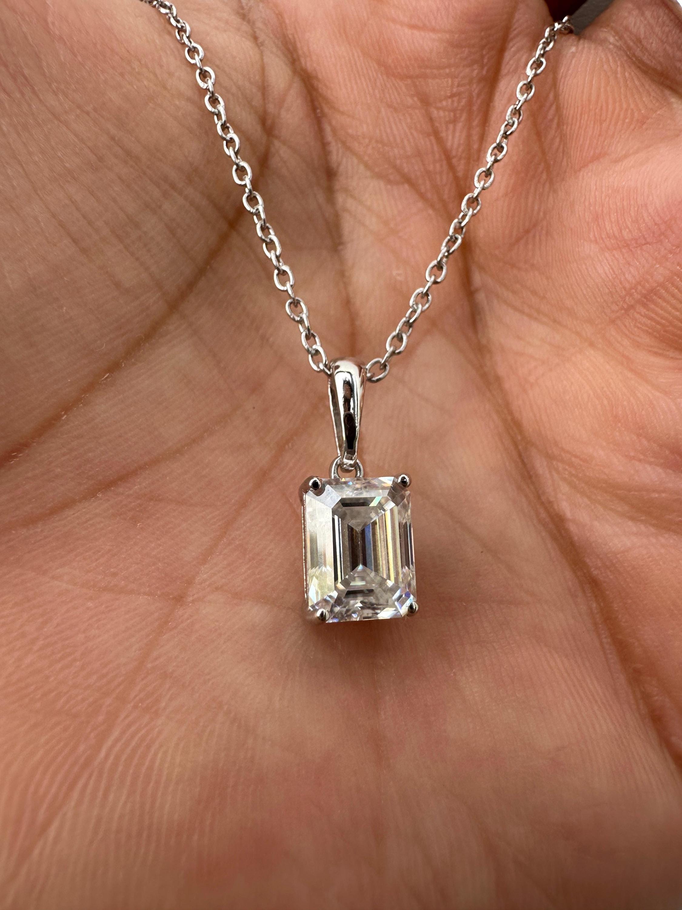 2 CT Emerald Cut Moissanite Solitaire Pendant Necklace, 925 Sterling Silver, Minimalist Fine Jewelry