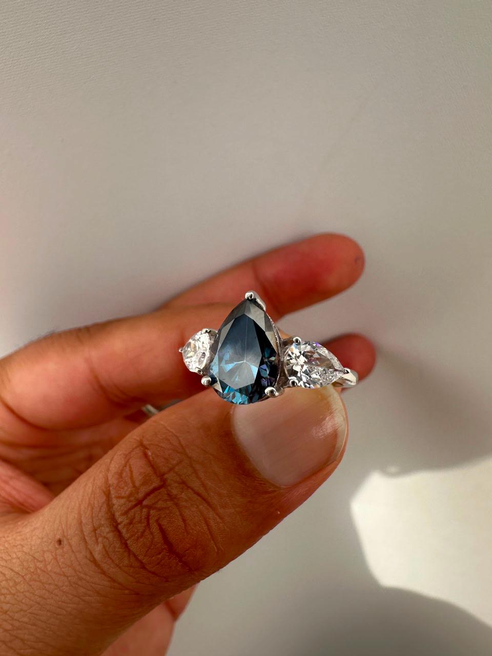 Blue Pear Moissanite Three Stone Ring, 14K White Gold Engagement Ring