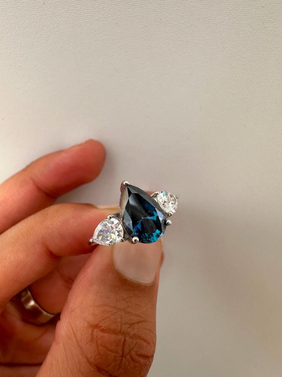 Blue Pear Moissanite Three Stone Ring, 14K White Gold Engagement Ring