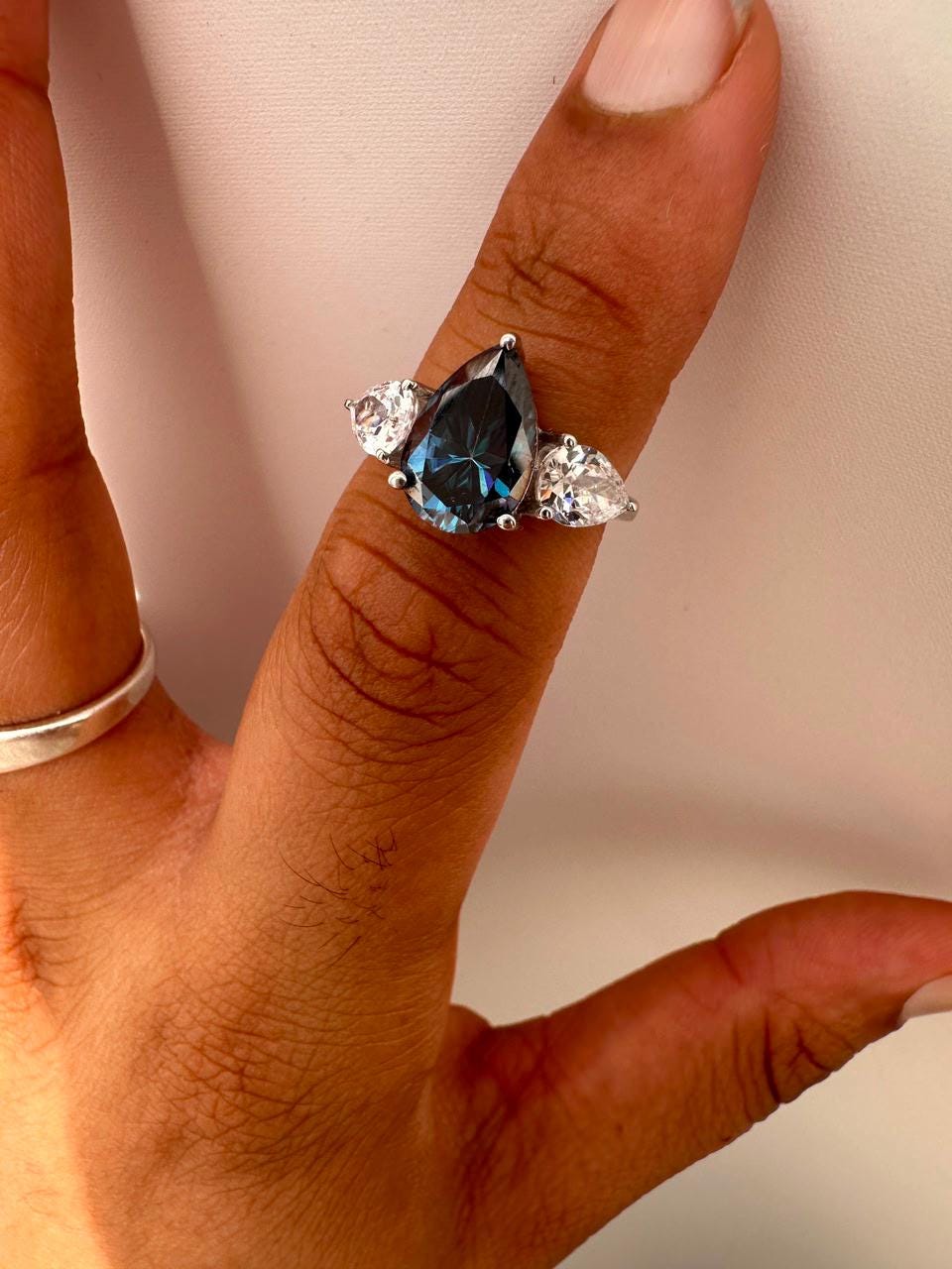 3.5 CT Blue Pear Moissanite Three Stone Ring, 14K White Gold Engagement Ring