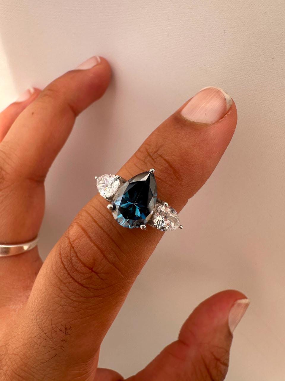 3.5 CT Blue Pear Moissanite Three Stone Ring, 14K White Gold Engagement Ring