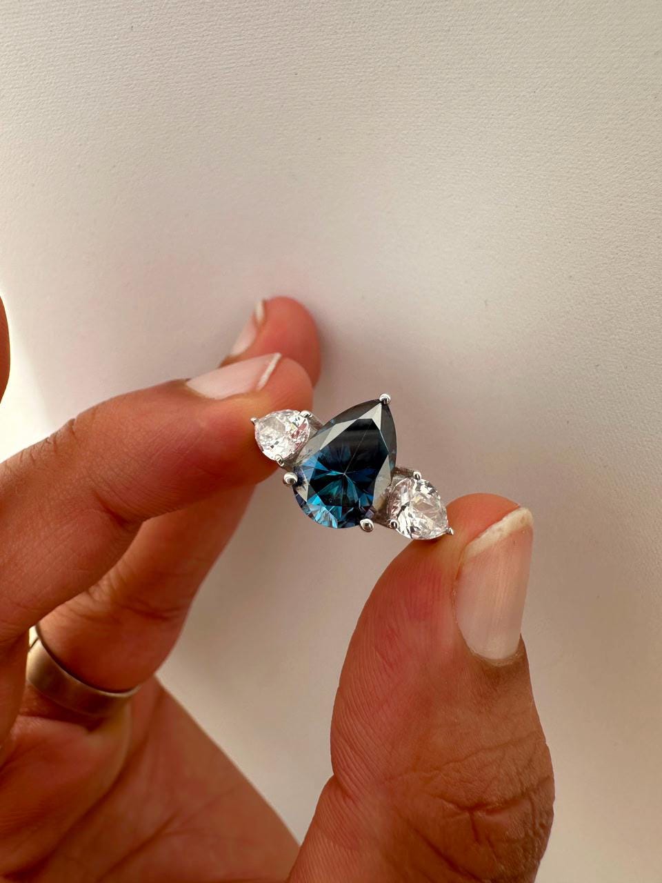 3.5 CT Blue Pear Moissanite Three Stone Ring, 14K White Gold Engagement Ring