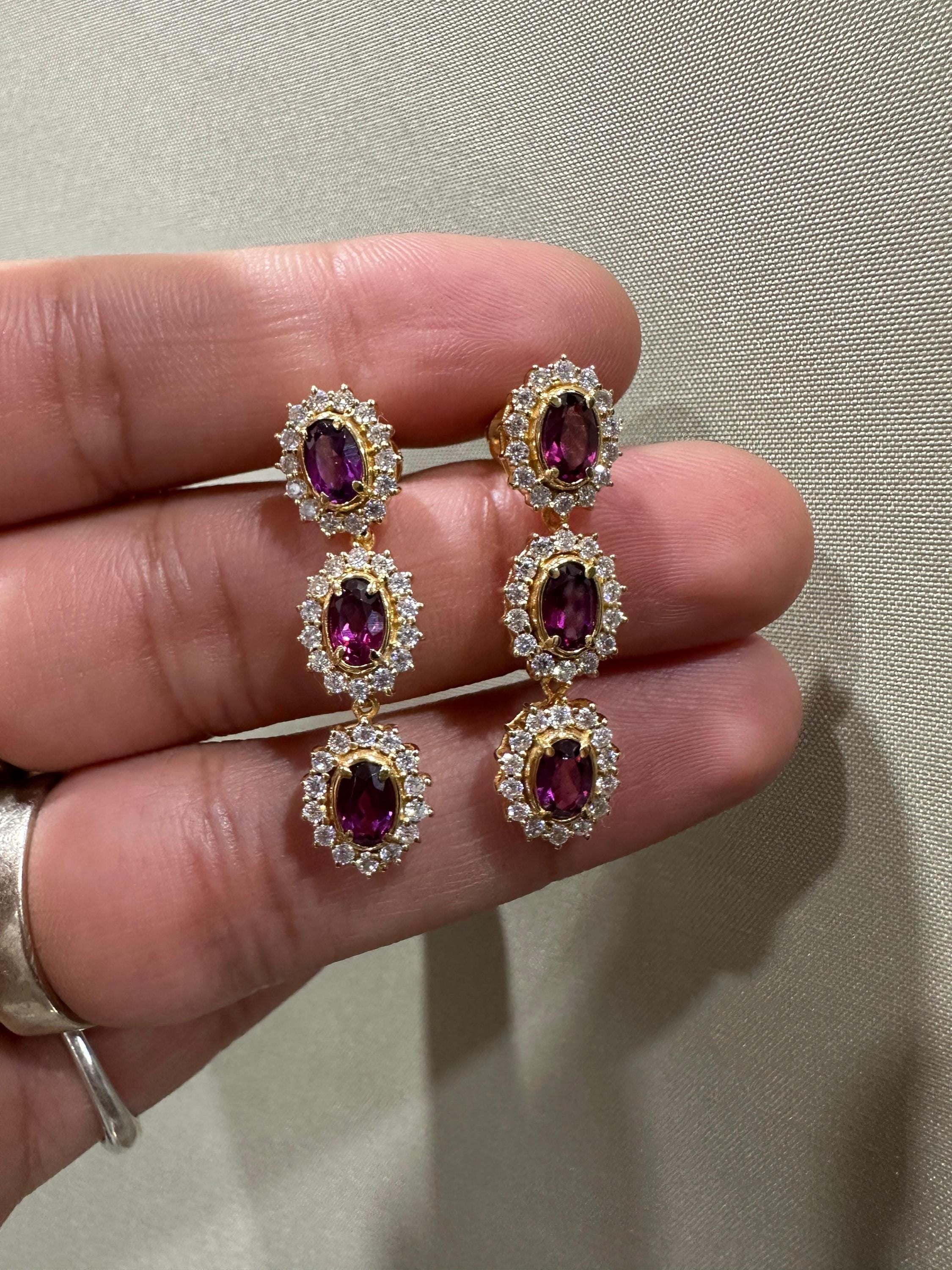 Rhodolite Moissanite Halo Dangle Earrings, 14K Gold Vermeil, Vintage Inspired Drop Style
