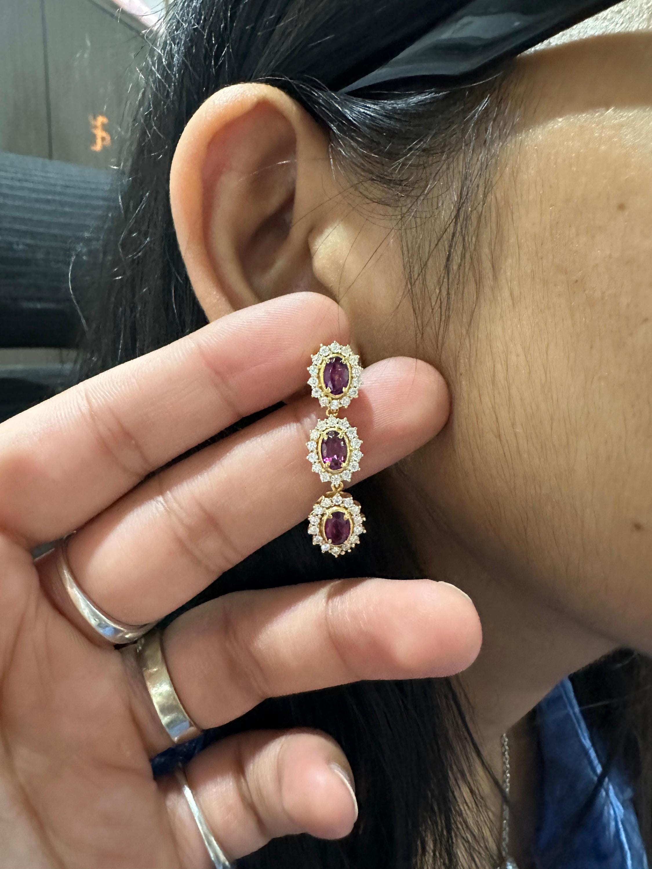 Rhodolite Moissanite Halo Dangle Earrings, 14K Gold Vermeil, Vintage Inspired Drop Style