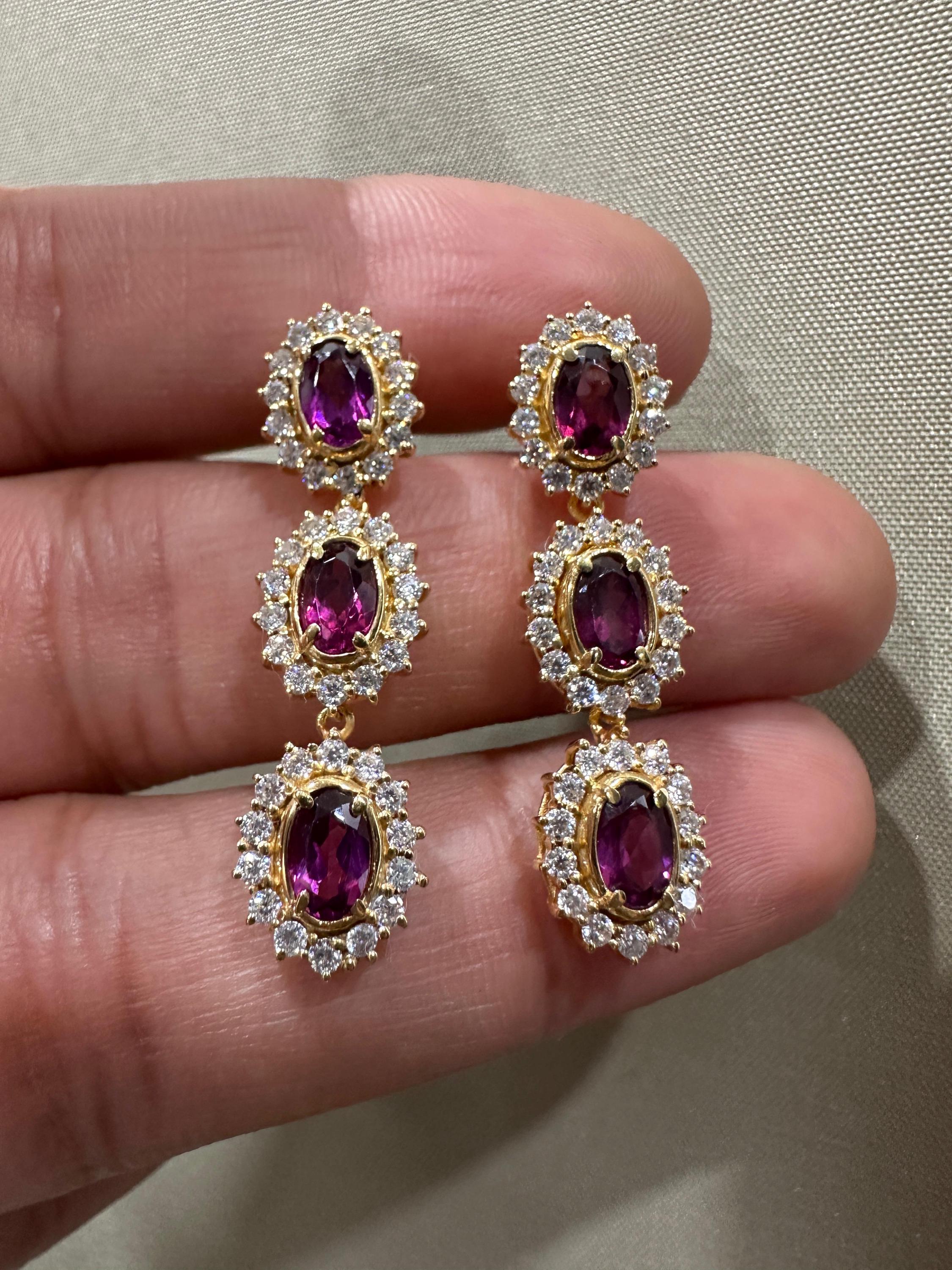 Rhodolite Moissanite Halo Dangle Earrings, 14K Gold Vermeil, Vintage Inspired Drop Style