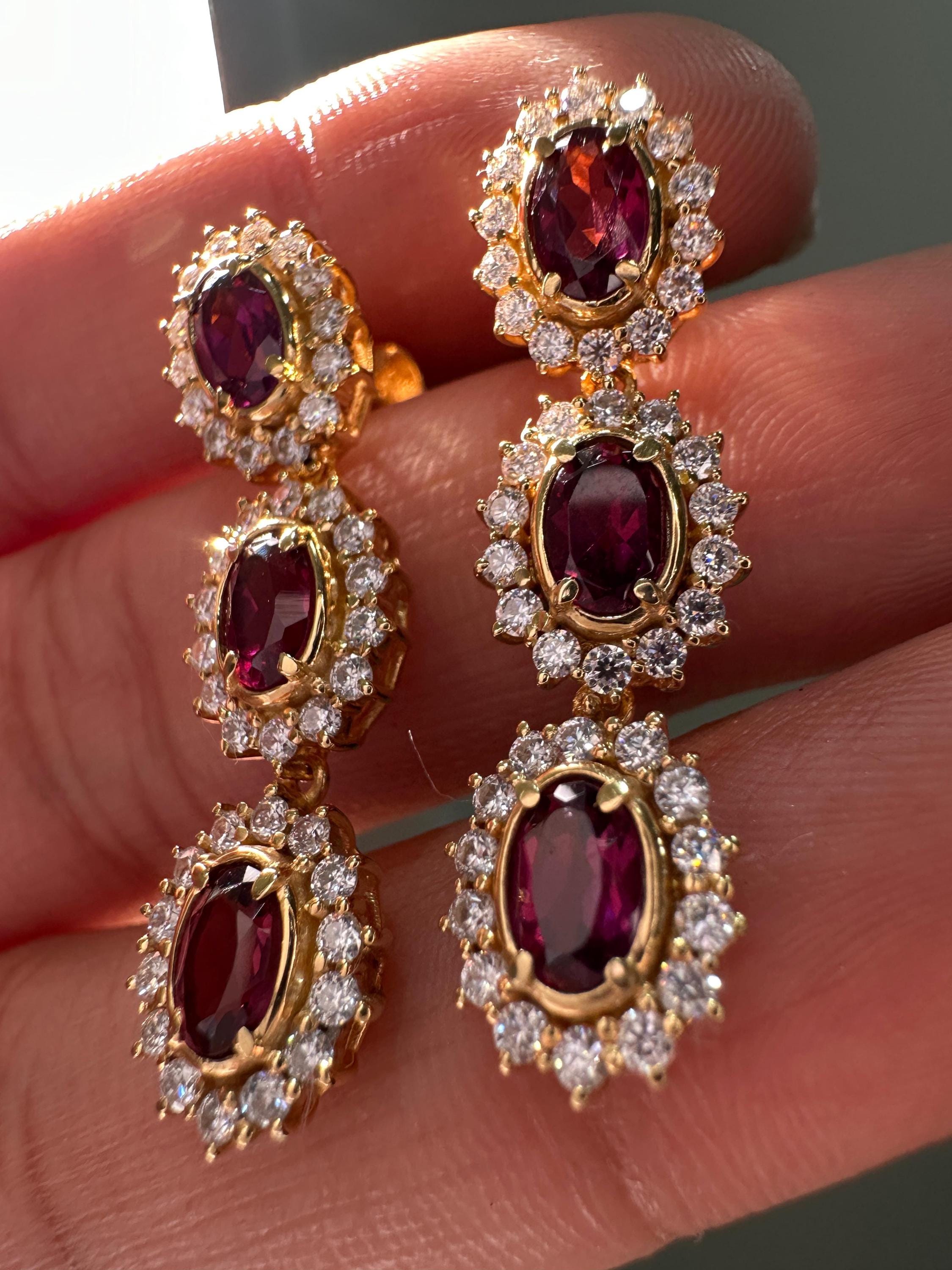 Rhodolite Moissanite Halo Dangle Earrings, 14K Gold Vermeil, Vintage Inspired Drop Style