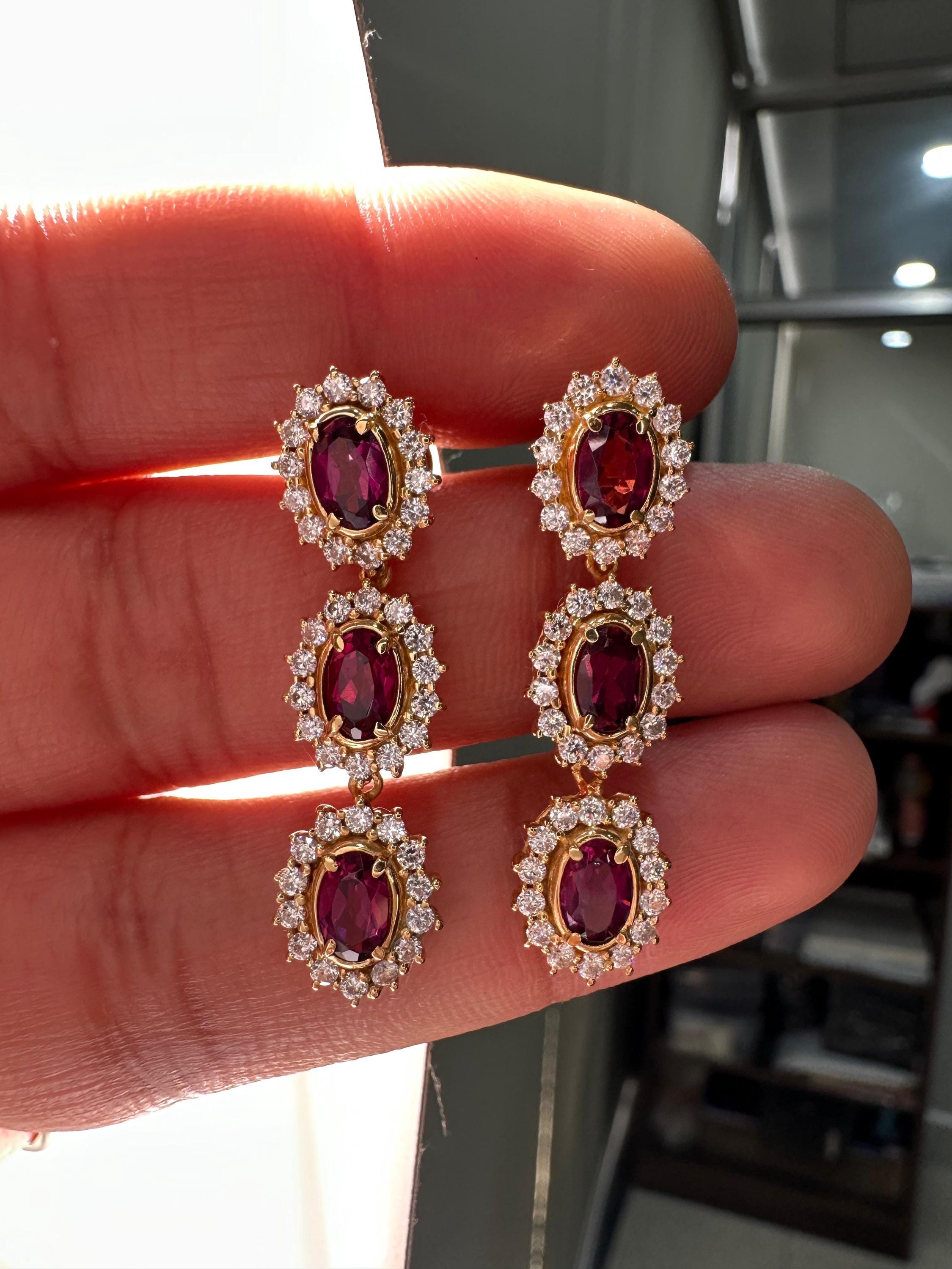 Rhodolite Moissanite Halo Dangle Earrings, 14K Gold Vermeil, Vintage Inspired Drop Style
