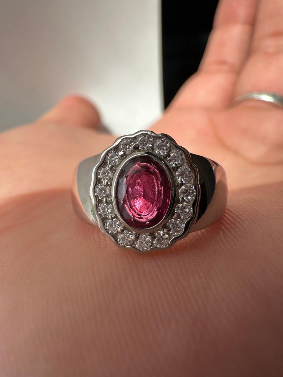 Natural Oval Ruby Halo Ring, 925 Sterling Silver, July Birthstone, Vintage Statement Jewelry