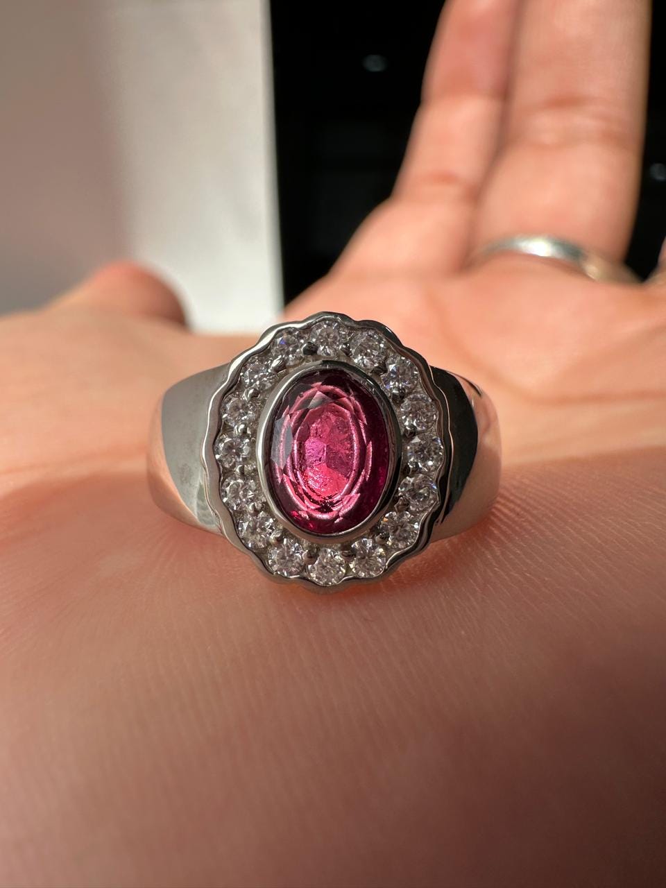 Natural Oval Ruby Halo Ring, 925 Sterling Silver, July Birthstone, Vintage Statement Jewelry
