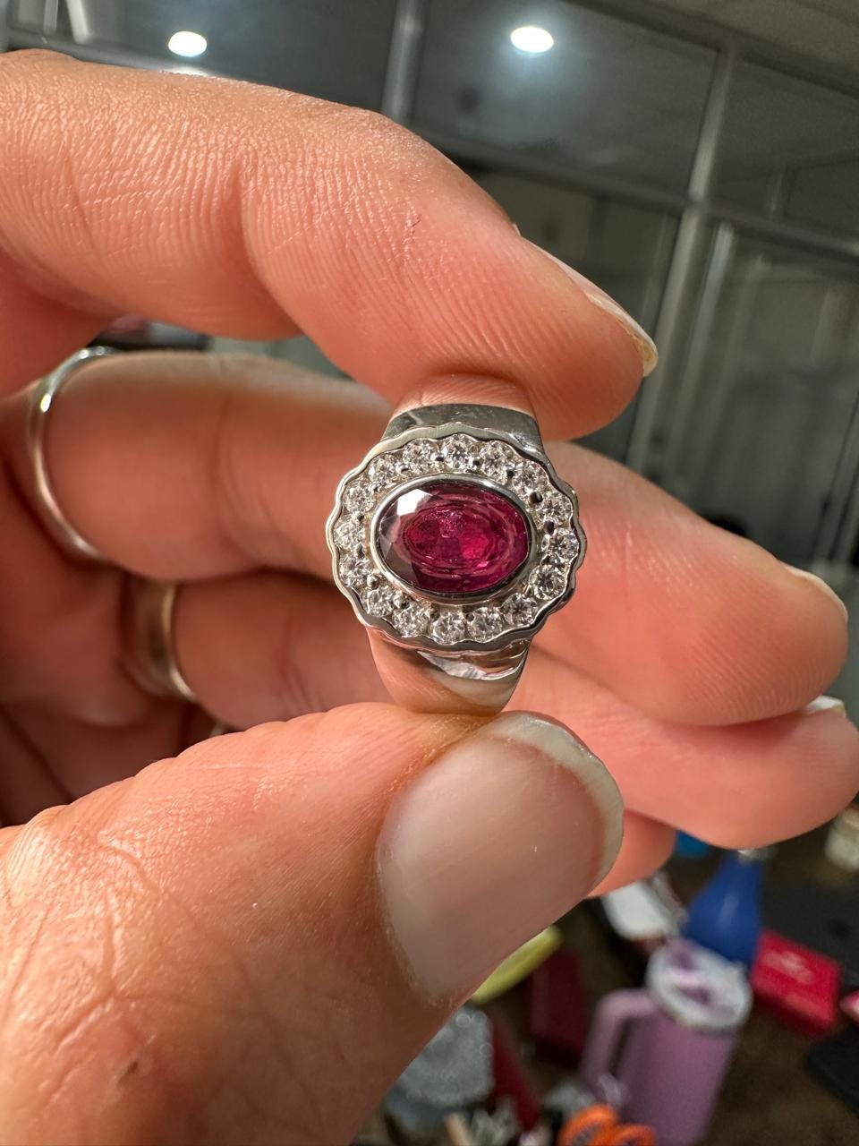 Natural Oval Ruby Halo Ring, 925 Sterling Silver, July Birthstone, Vintage Statement Jewelry