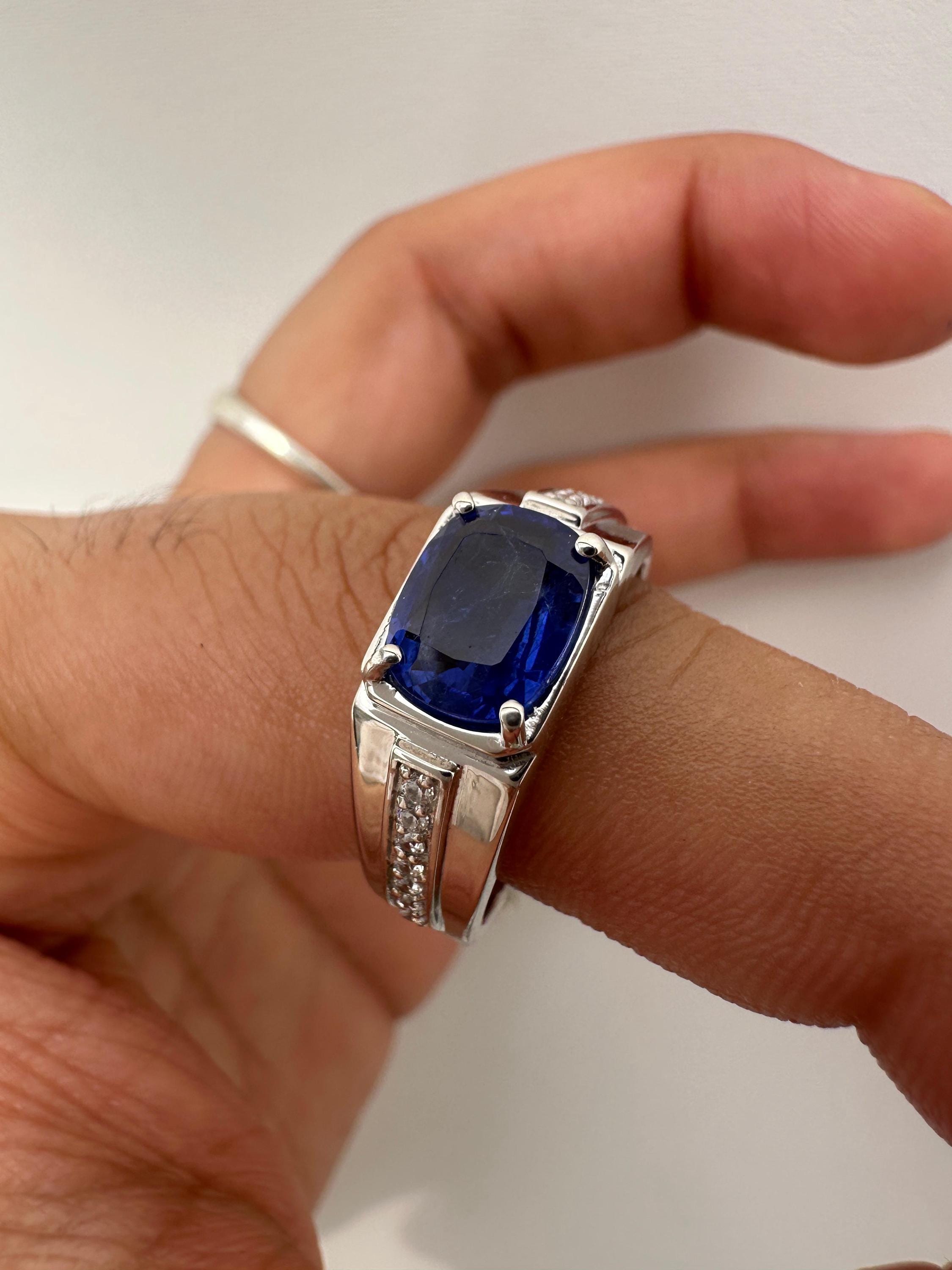Sapphire Cushion Cut Men’s Engagement Ring in 14K White Gold, Blue Gemstone Ring
