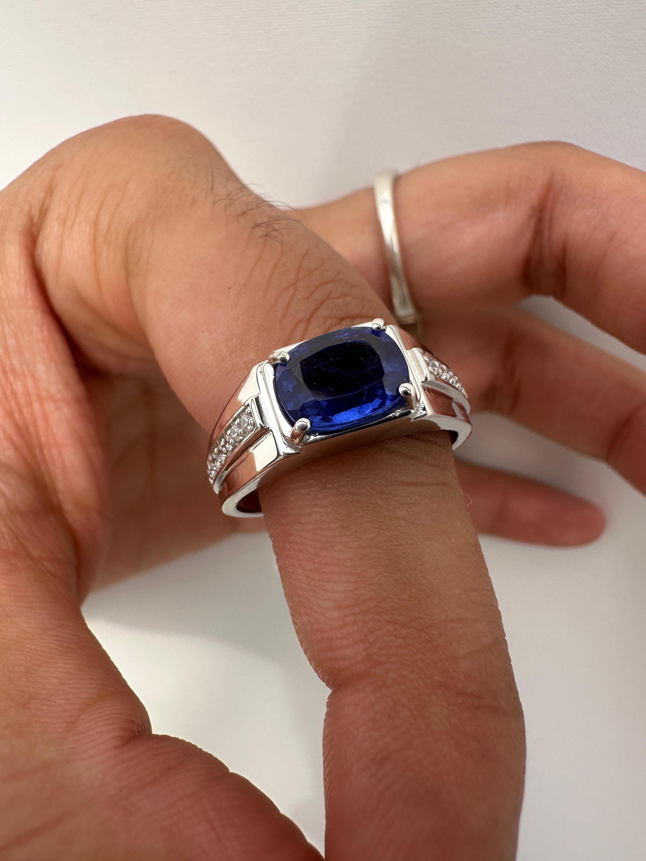 Sapphire Cushion Cut Men’s Engagement Ring in 14K White Gold, Blue Gemstone Ring