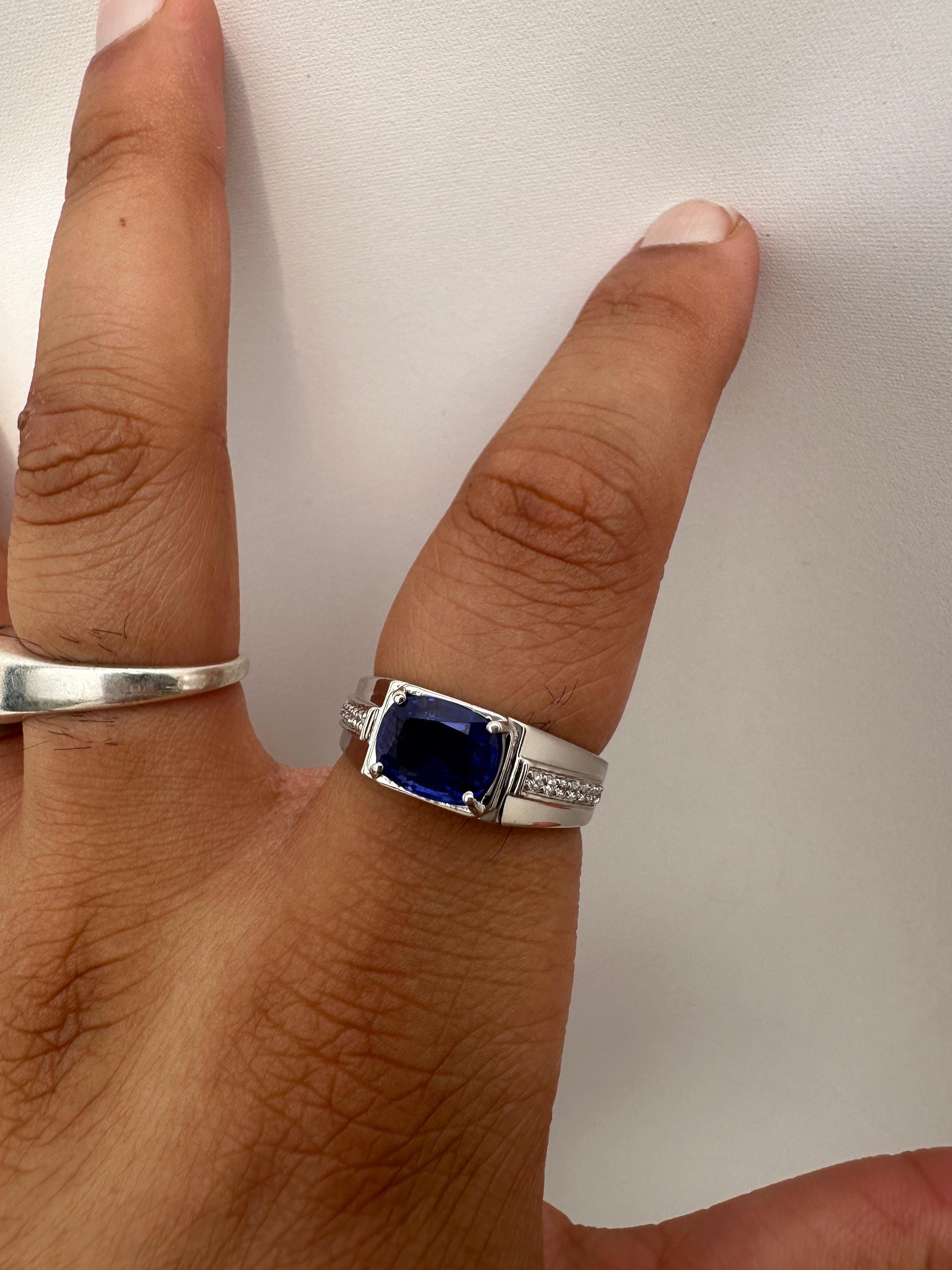 Sapphire Cushion Cut Men’s Engagement Ring in 14K White Gold, Blue Gemstone Ring