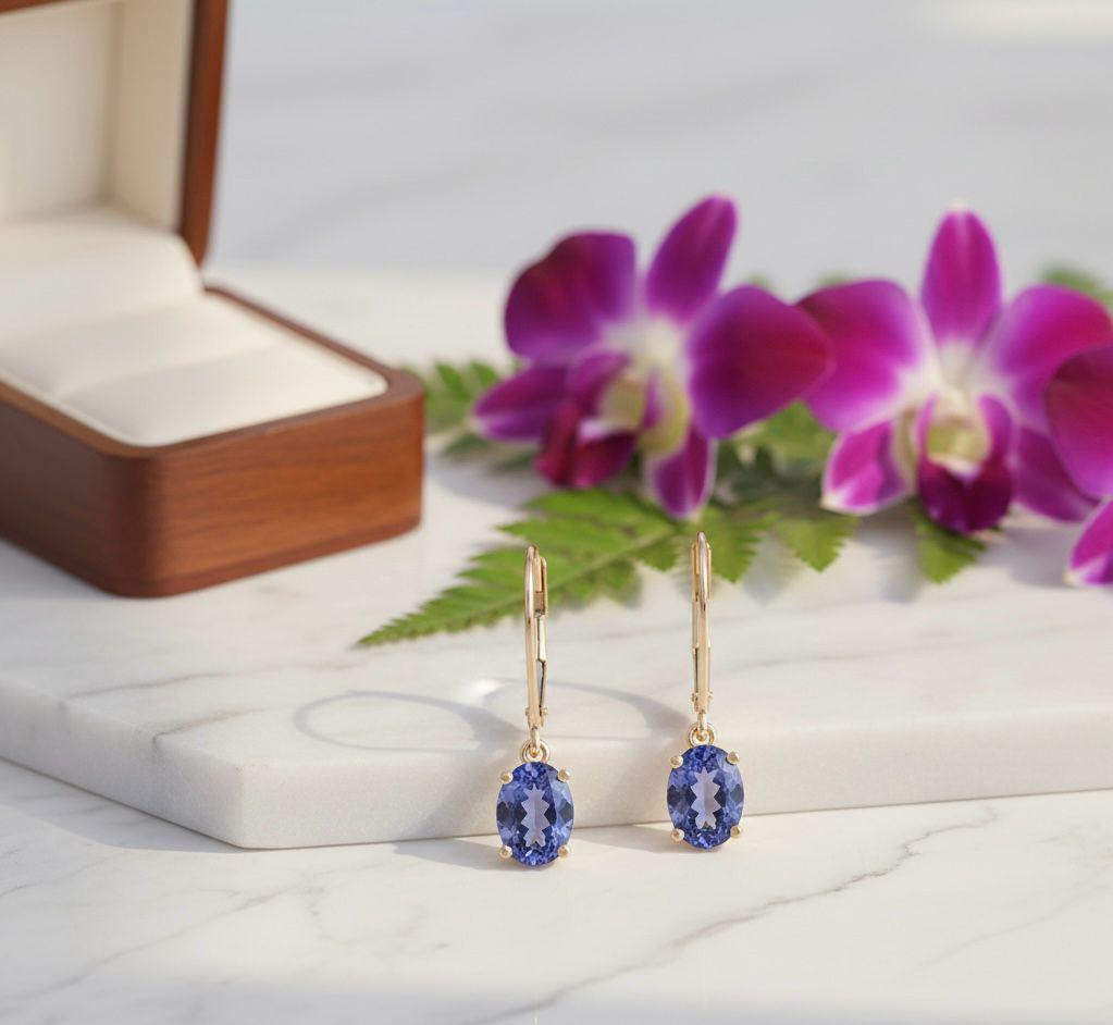 14K Gold Blue Tanzanite Dangle Earrings: Minimal Earrings for Gift, December Birthstone