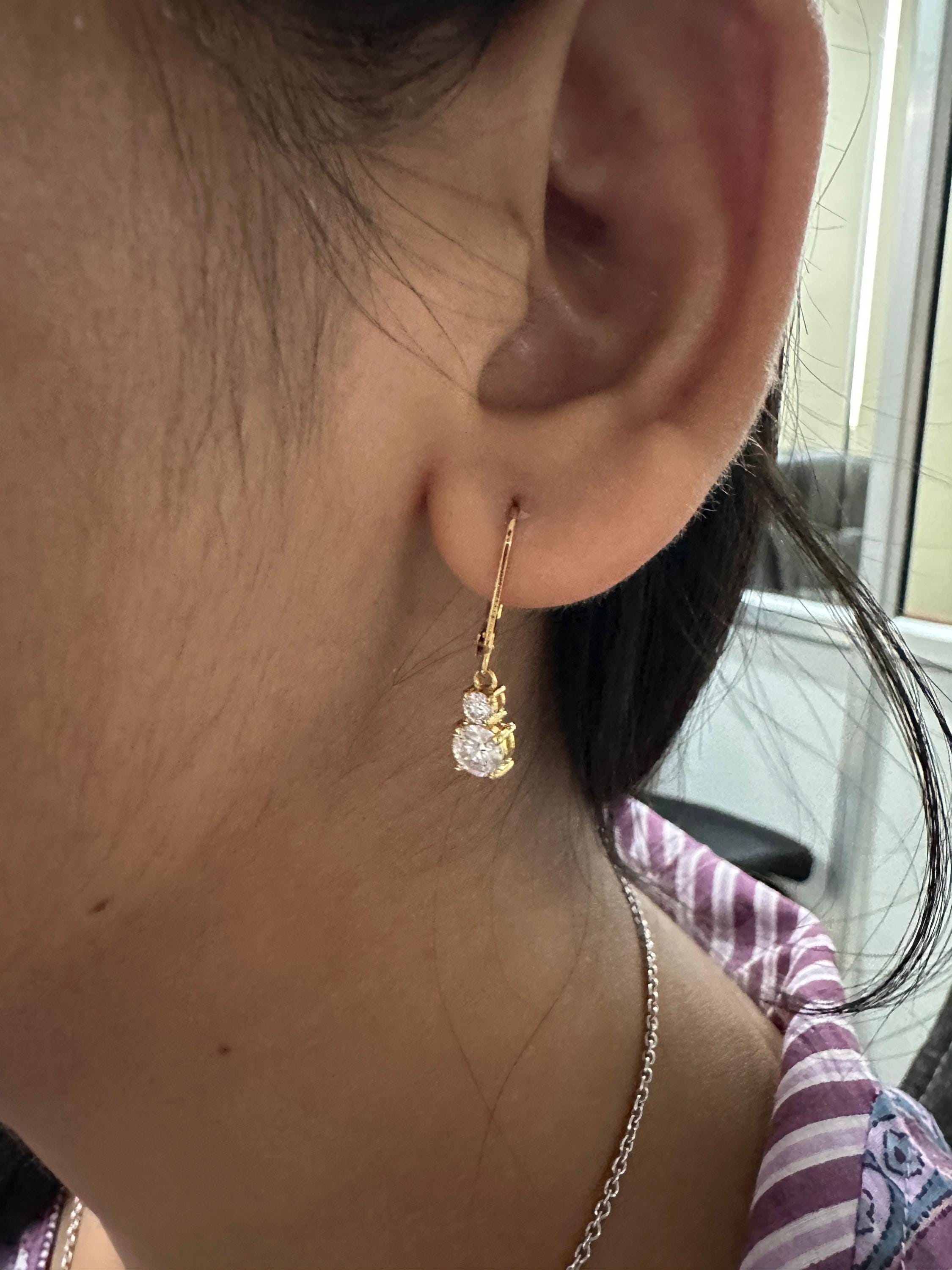Moissanite Lever Back Drop Earrings 14K Gold, Dainty Minimal Earrings, Elegant Gift for Her