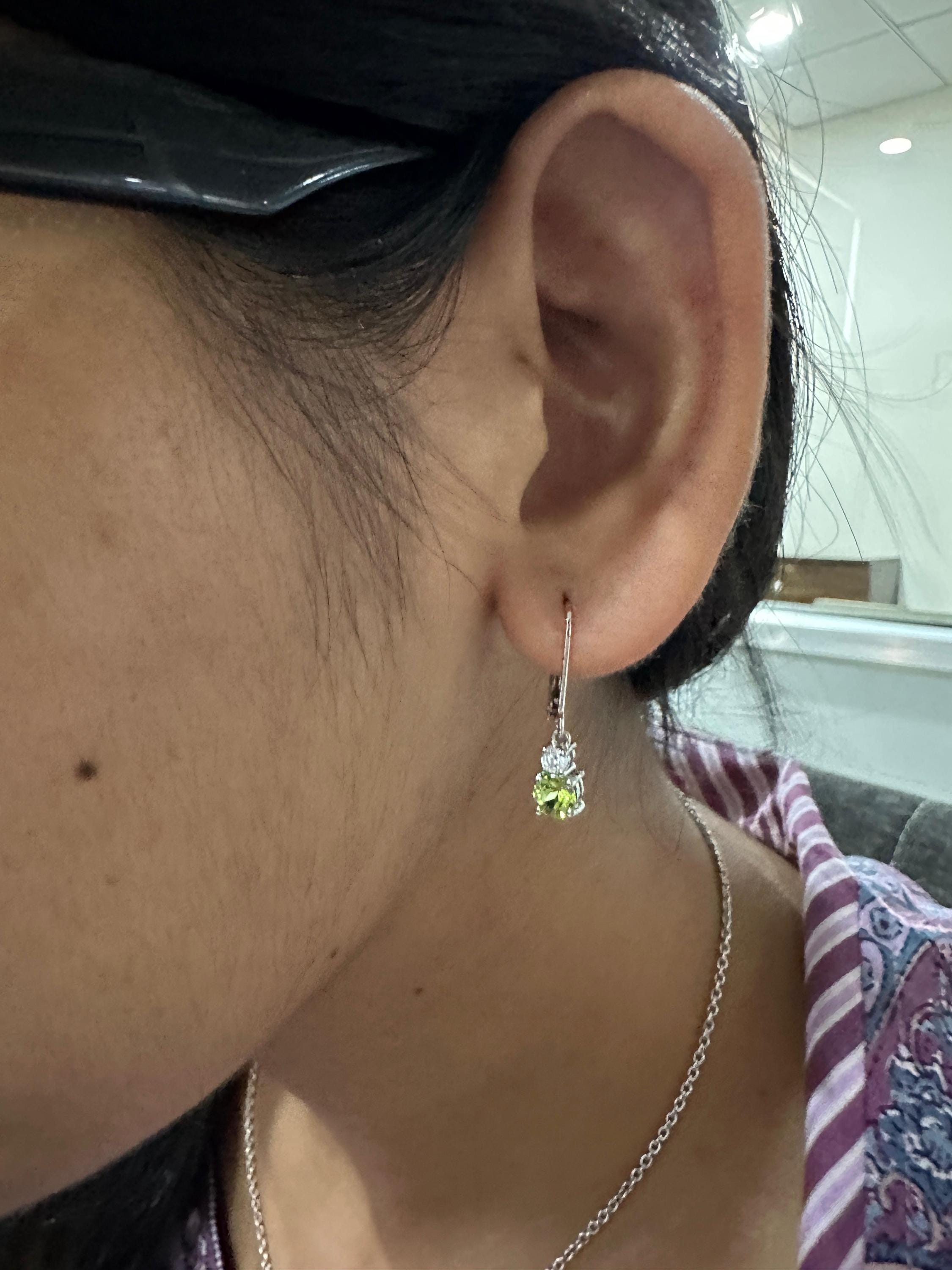 Peridot Moissanite Lever Back Drop Earrings in 925 Sterling Silver, Elegant Gift for Her