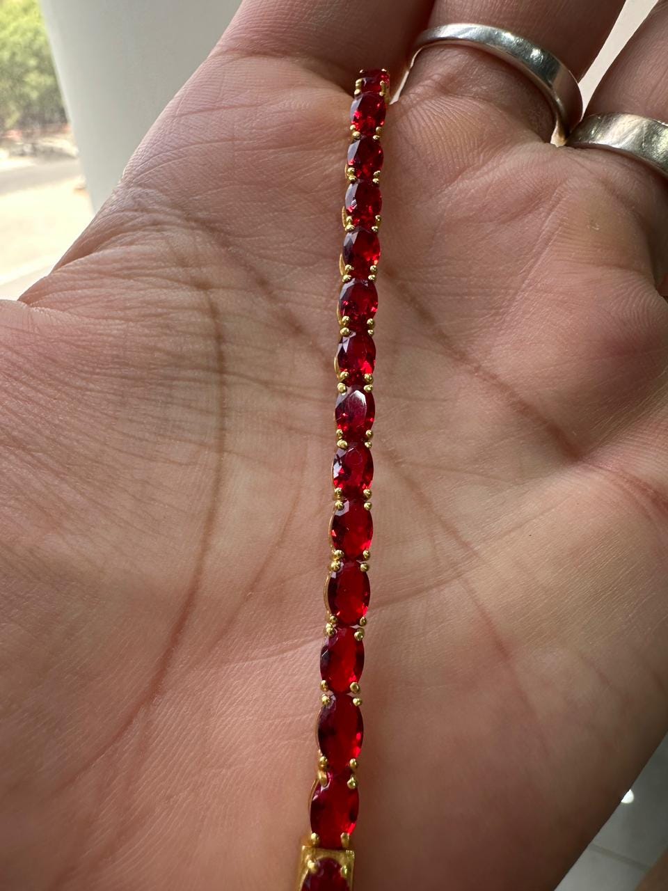 Pigeon Blood Simulated Ruby Tennis Bracelet in 14K Gold Vermeil, Luxury Gemstone Bracelet for Her or Him