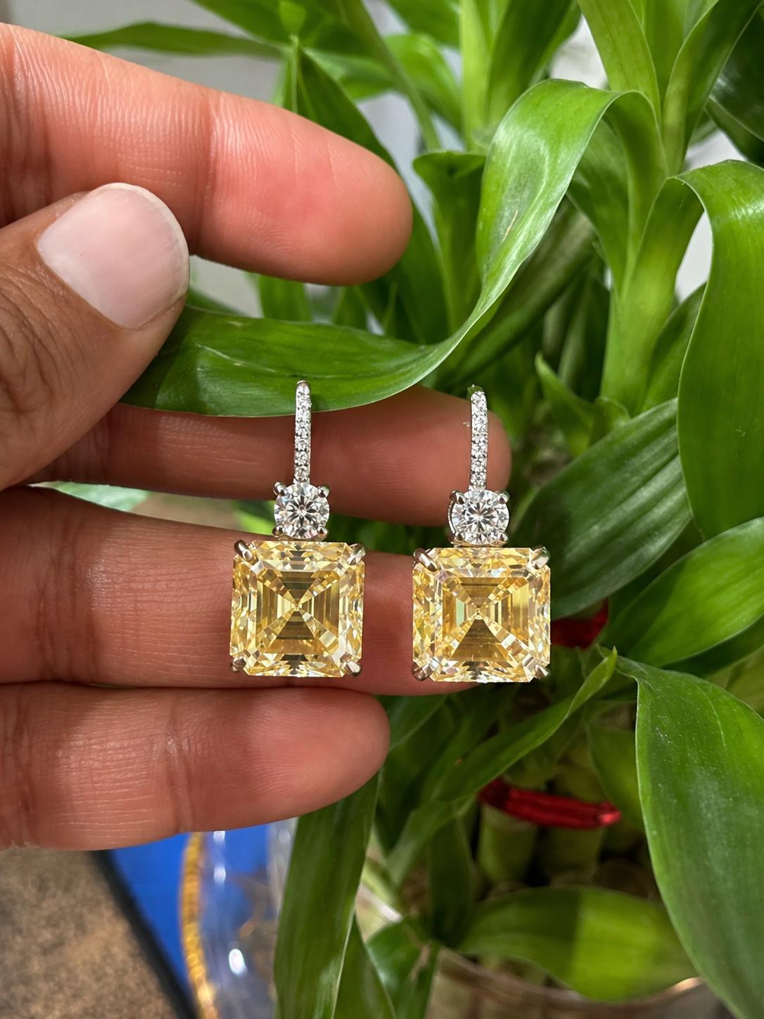 Yellow Moissanite Drop Earrings | Asscher Cut, Sterling Silver Earrings