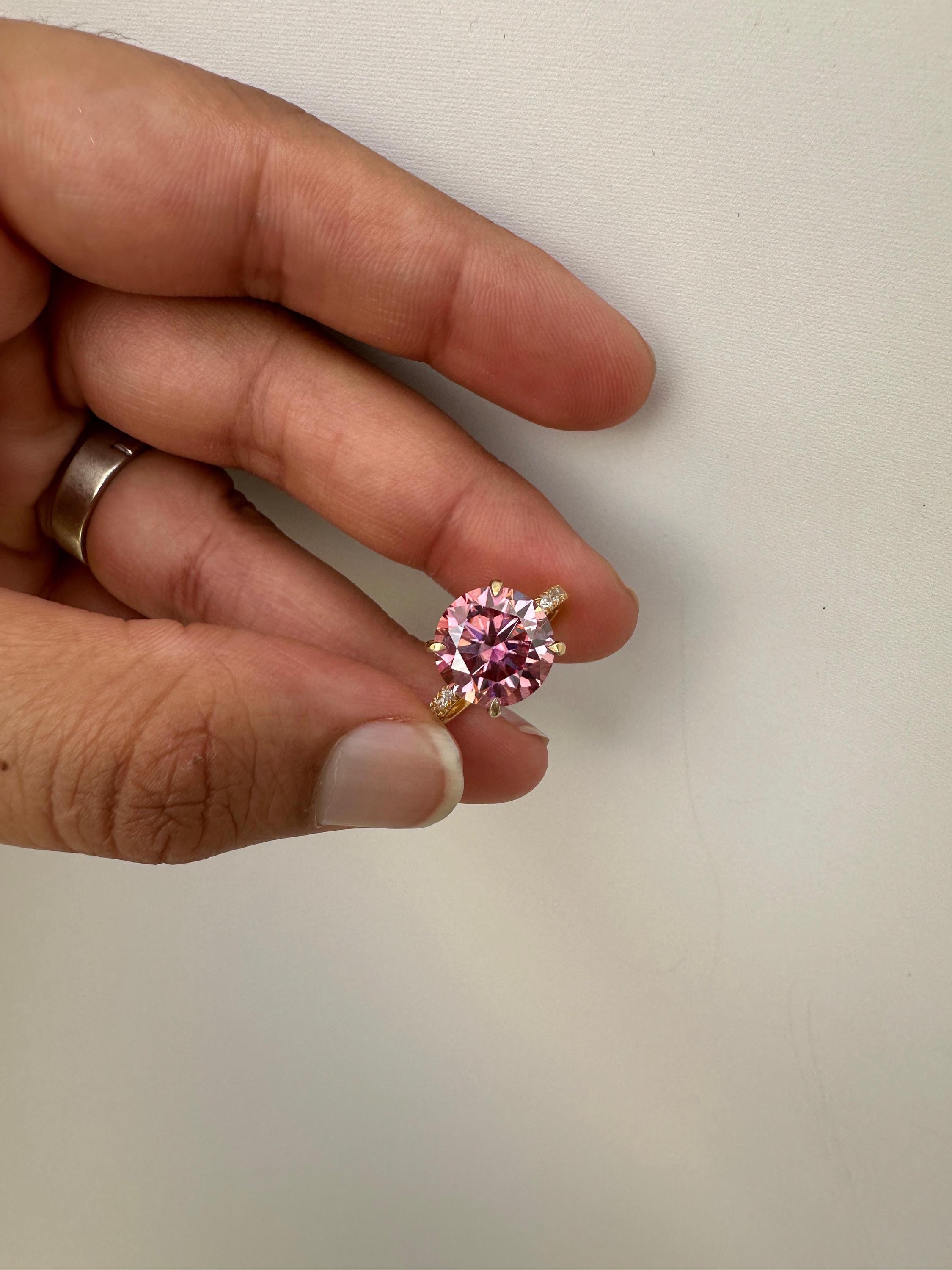 4 CT Pink Moissanite Engagement Ring, Hidden Halo Pavé Band, 14k Gold Vermeil