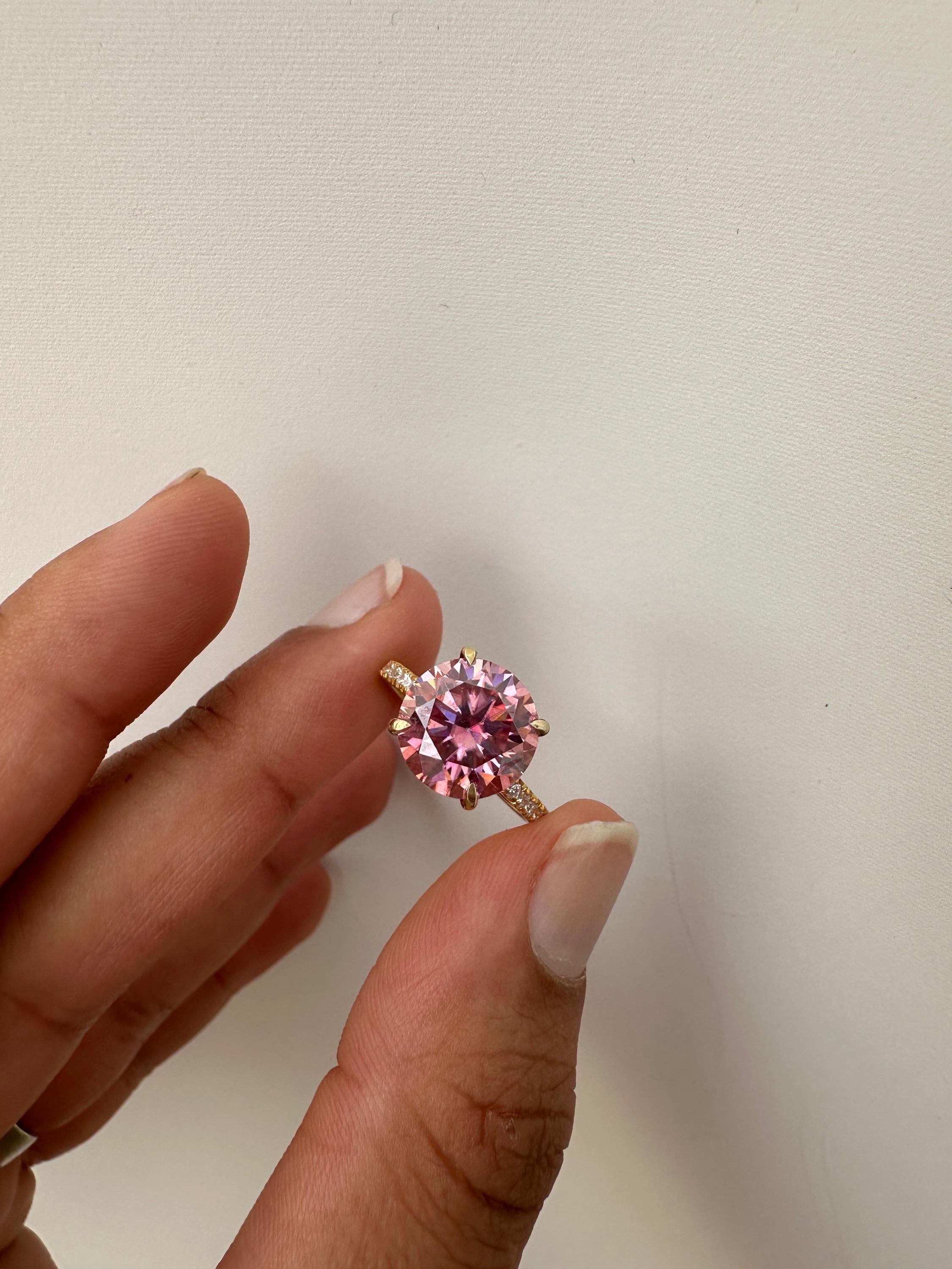 4 CT Pink Moissanite Engagement Ring, Hidden Halo Pavé Band, 14k Gold Vermeil