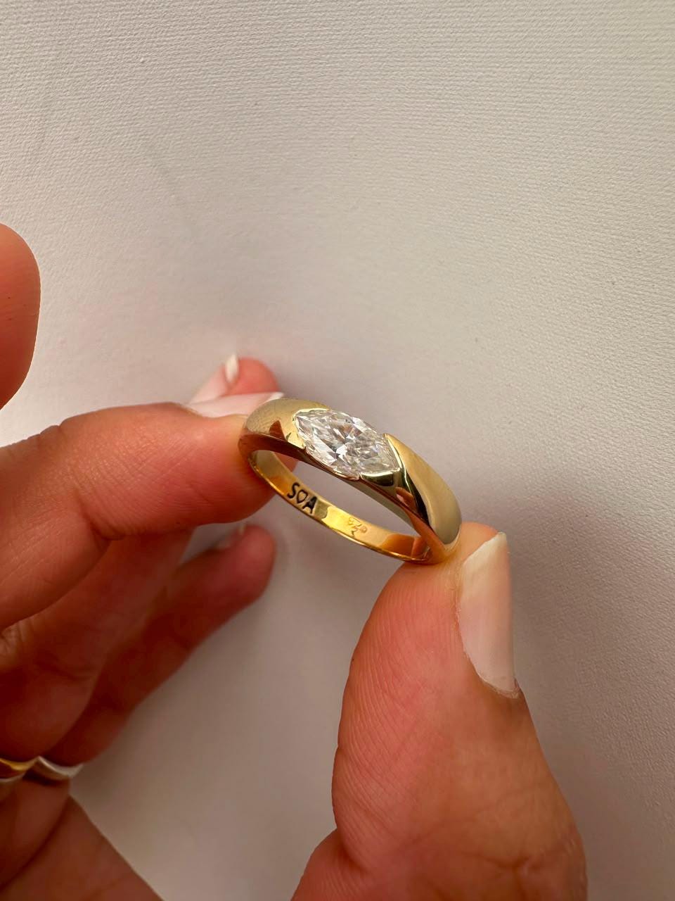 Marquise Moissanite Wedding Ring, 14K Yellow Gold Half Bezel Solitaire Band