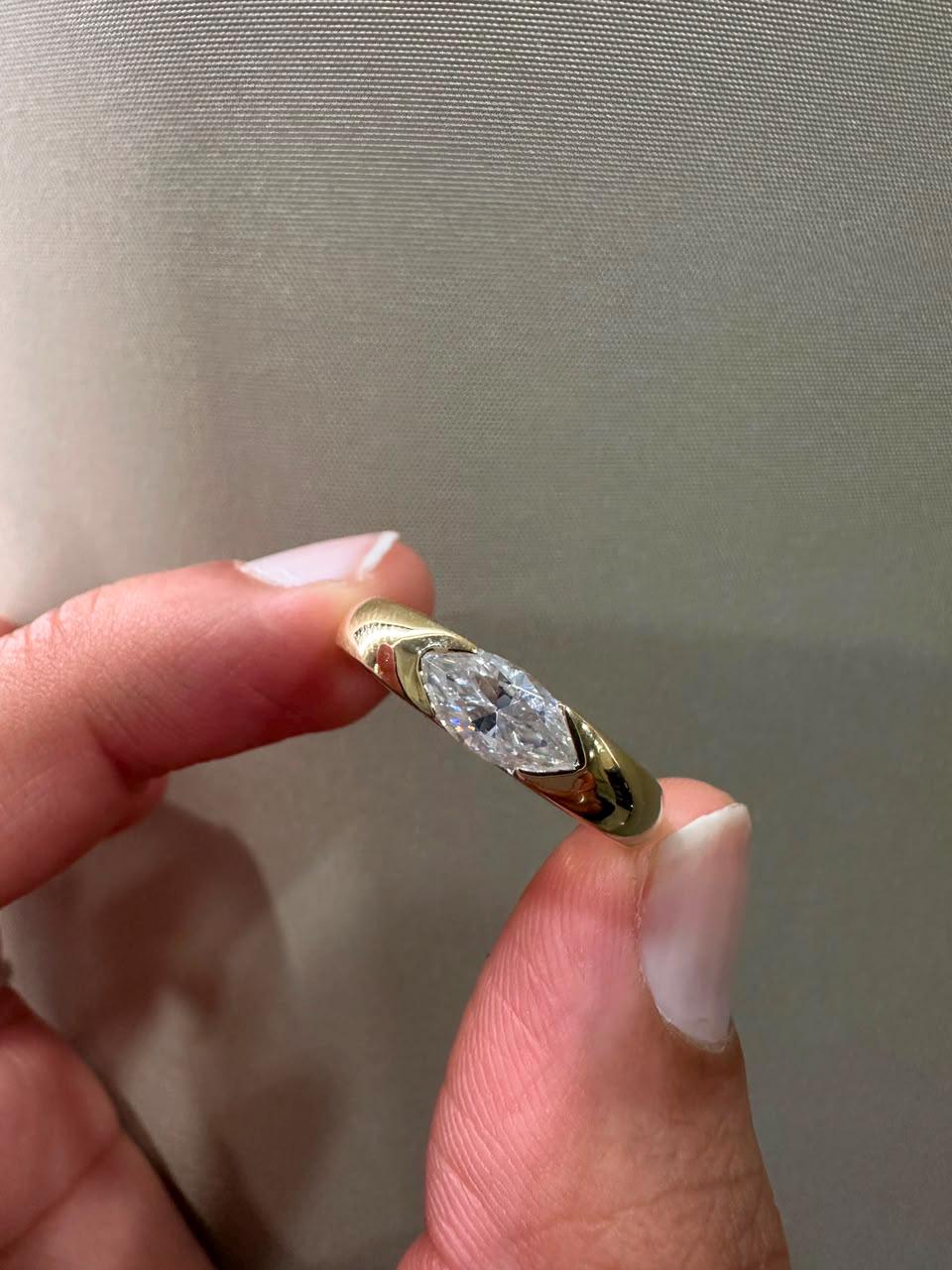 Marquise Moissanite Wedding Ring, 14K Yellow Gold Half Bezel Solitaire Band