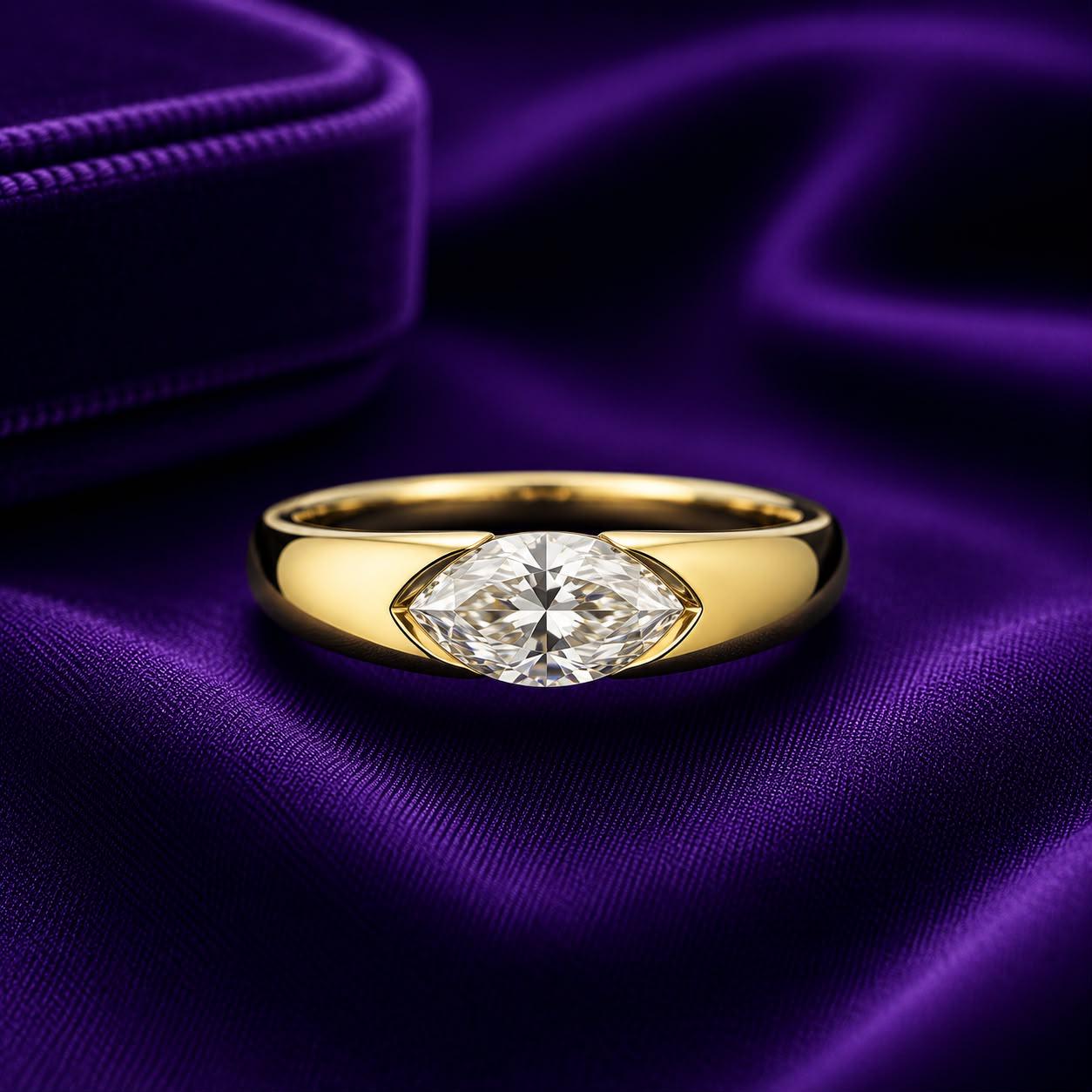 Marquise Moissanite Wedding Ring, 14K Yellow Gold Half Bezel Solitaire Band