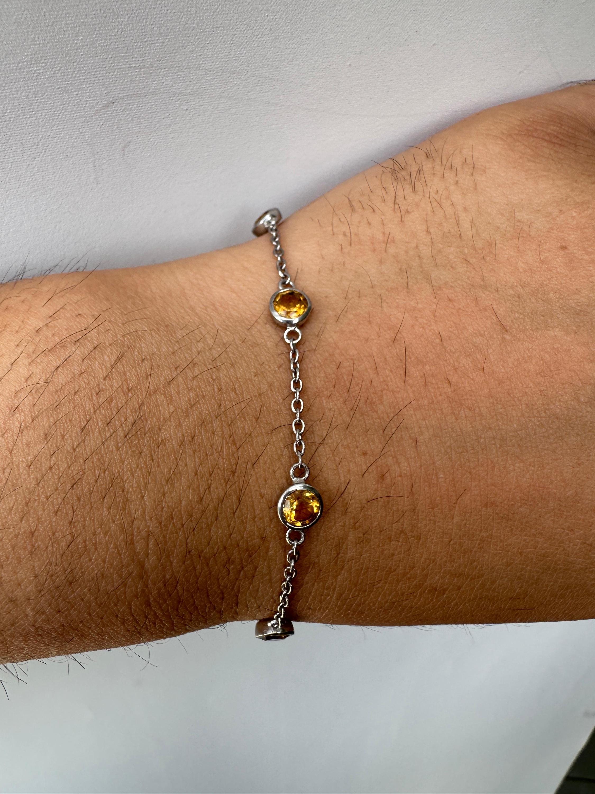 Natural Citrine Chain Bracelet, 925 Silver, Dainty Gemstone Bracelet, Gift for Him or Her