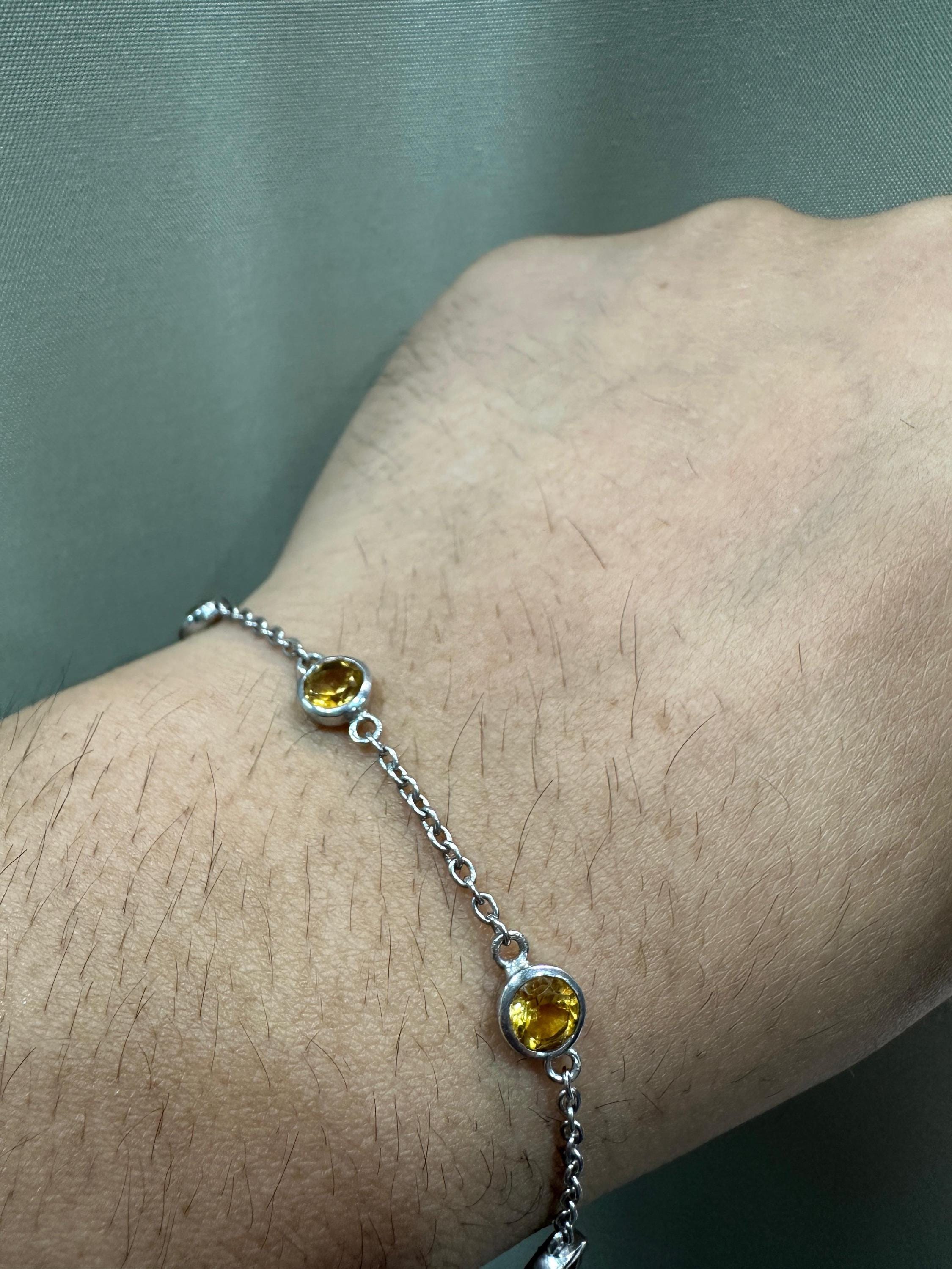Natural Citrine Chain Bracelet, 925 Silver, Dainty Gemstone Bracelet, Gift for Him or Her