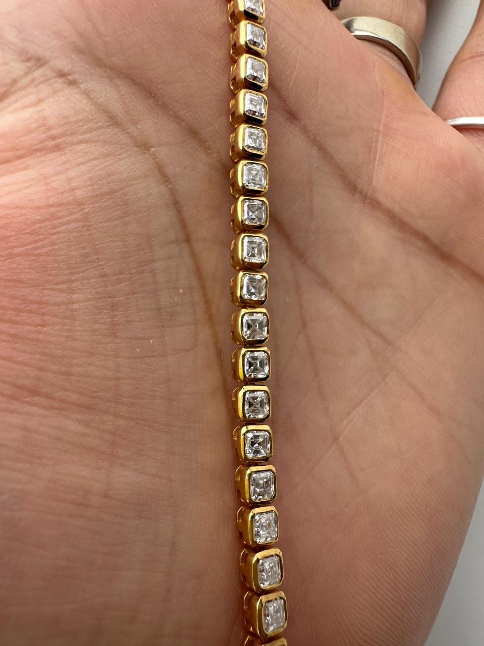 Asscher Cut Moissanite Tennis Bracelet | 14K Gold Bezel Set Statement Jewelry