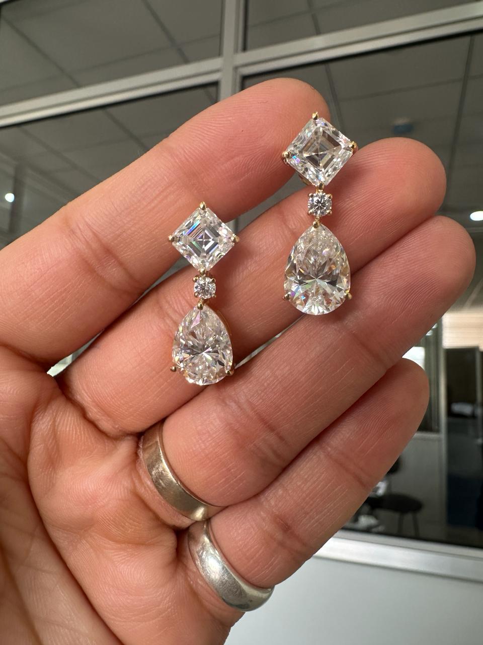 9k Moissanite Drop Earrings: Asscher & Pear Cut, Bridal Jewelry, Cocktail Earrings