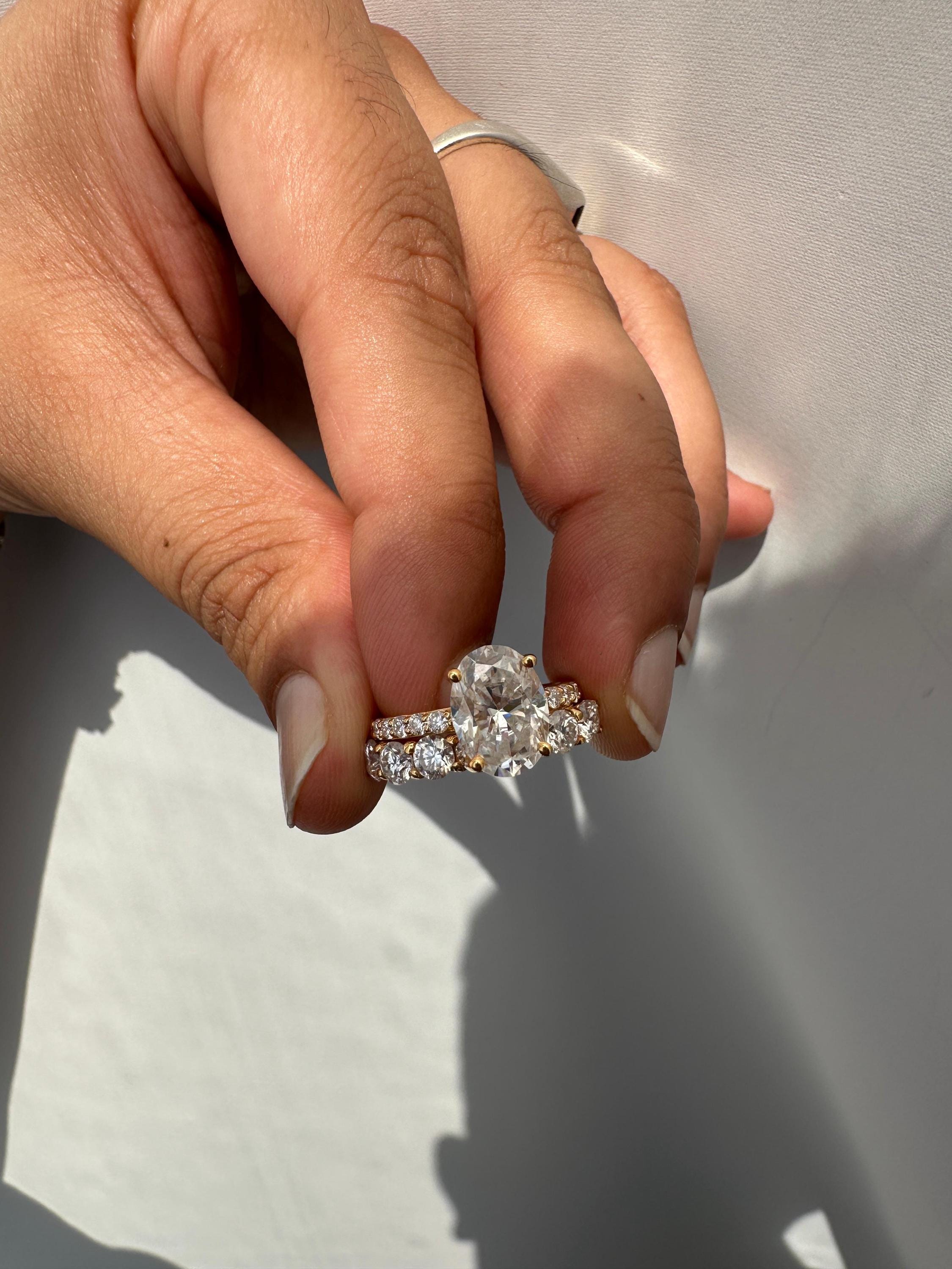 Oval Moissanite Engagement Ring Set, 14K Yellow Gold Hidden Halo Bridal Band