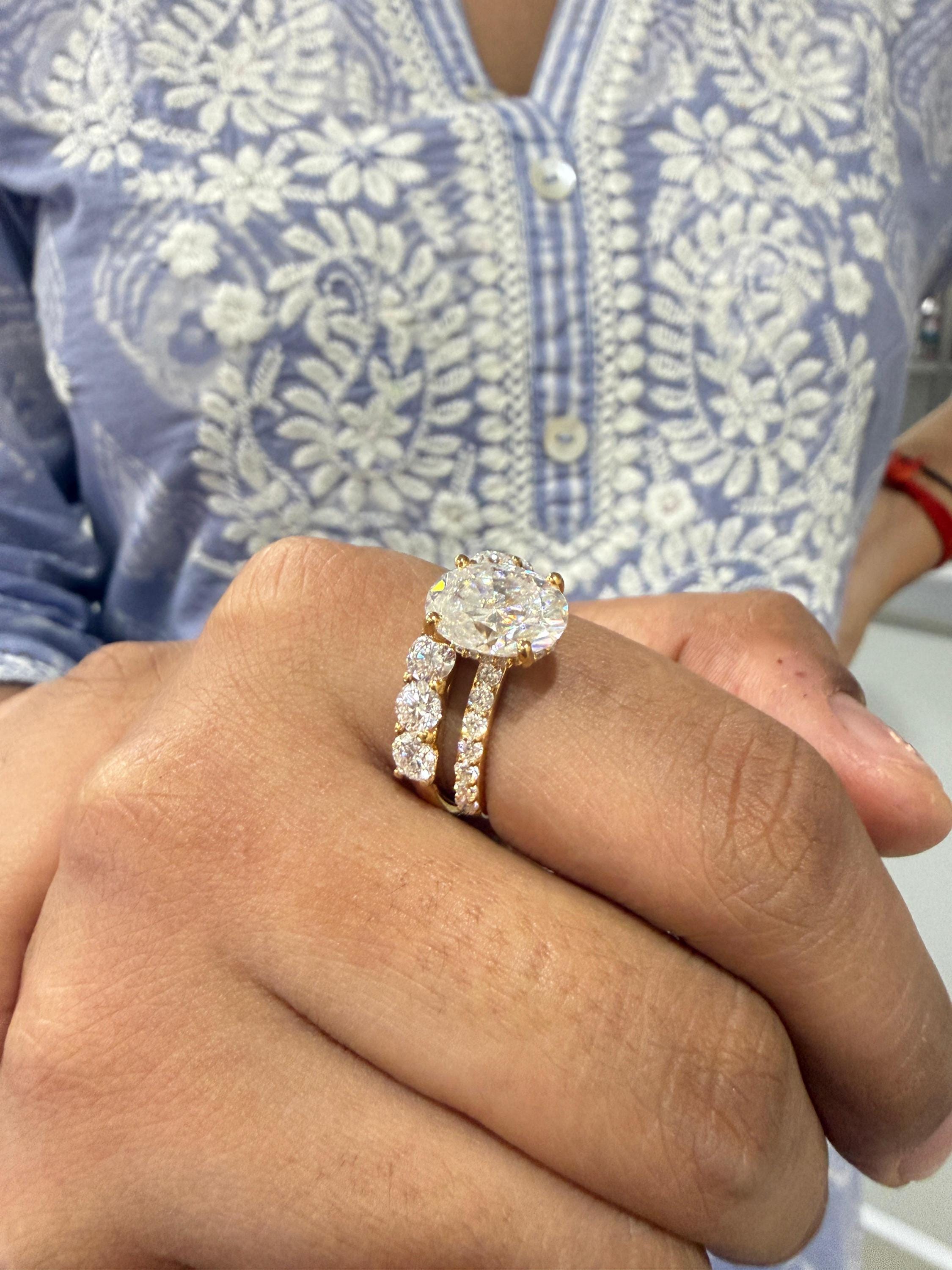 Oval Moissanite Engagement Ring Set, 14K Yellow Gold Hidden Halo Bridal Band