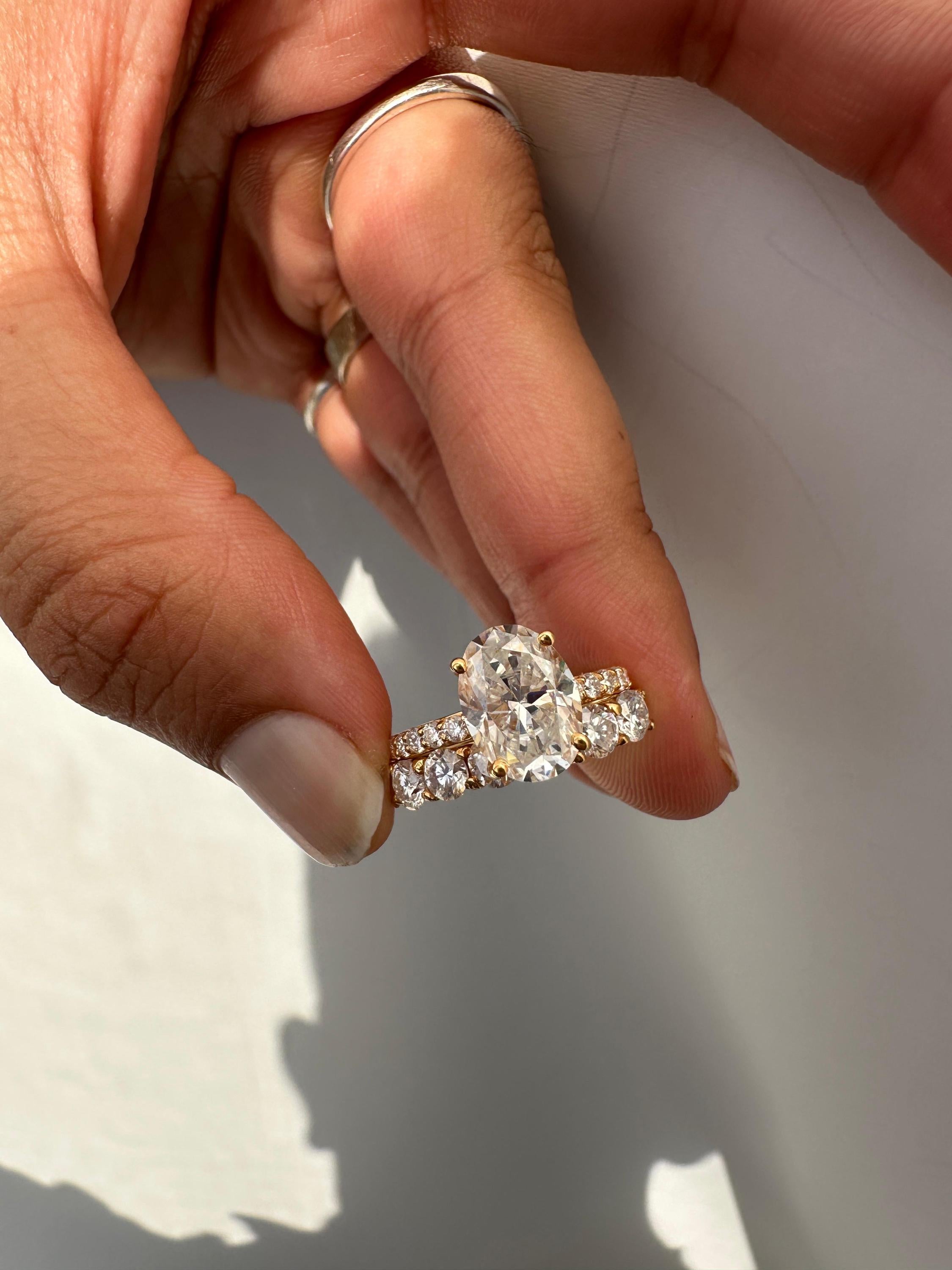 Oval Moissanite Engagement Ring Set, 14K Yellow Gold Hidden Halo Bridal Band