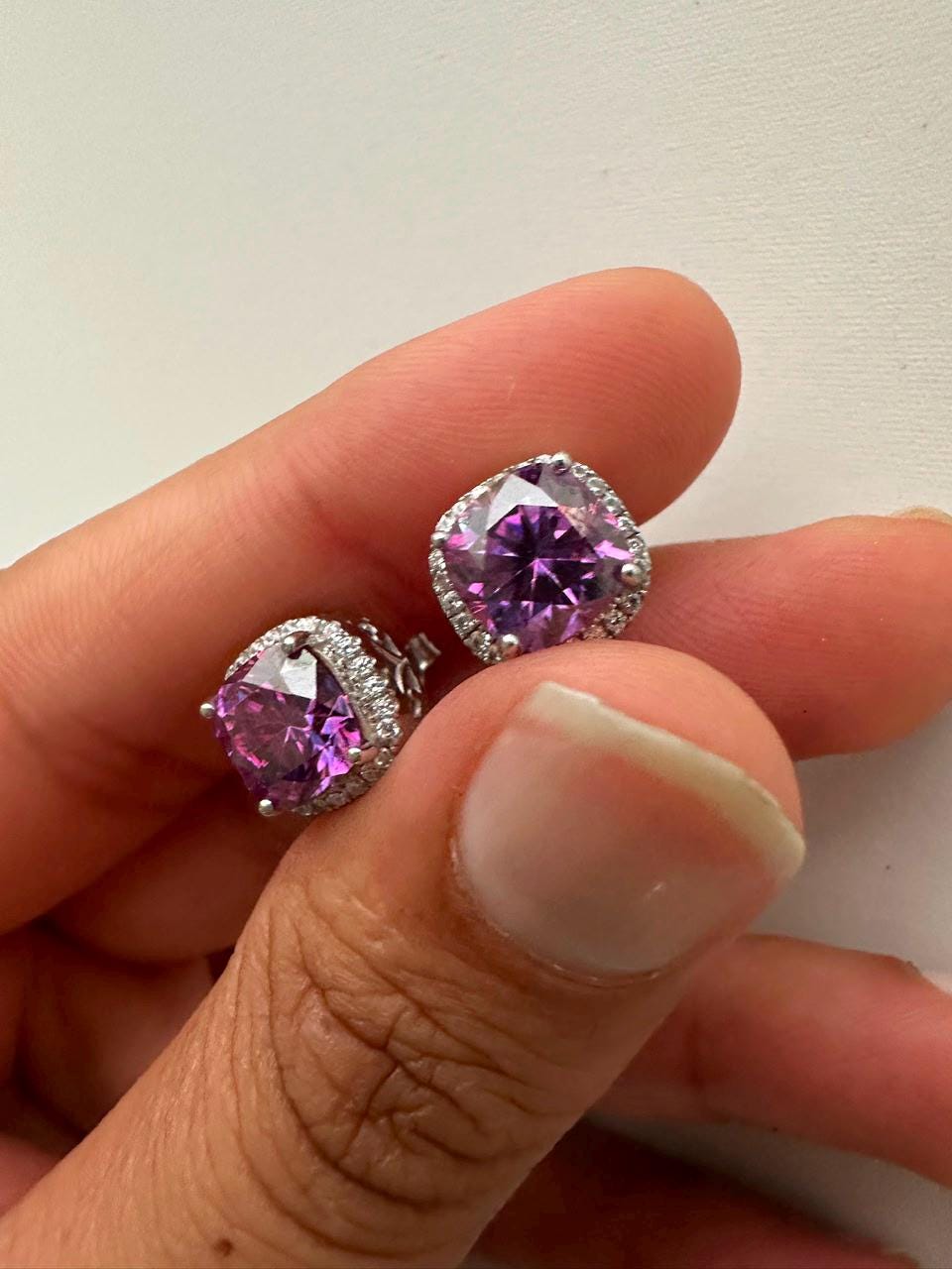Purple Cushion Cut Moissanite Halo Stud Earrings, 925 Sterling Silver