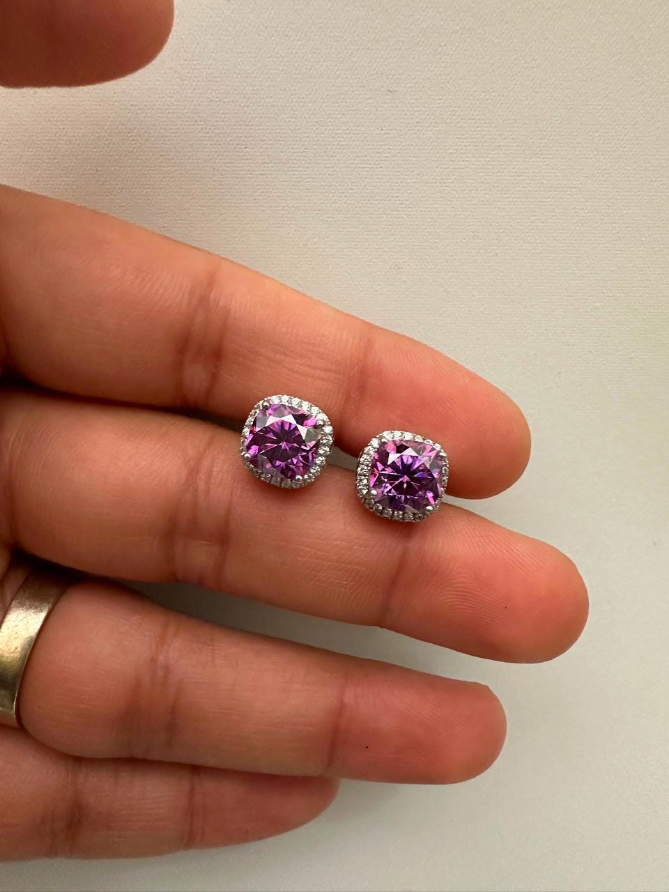 Purple Cushion Cut Moissanite Halo Stud Earrings, 925 Sterling Silver