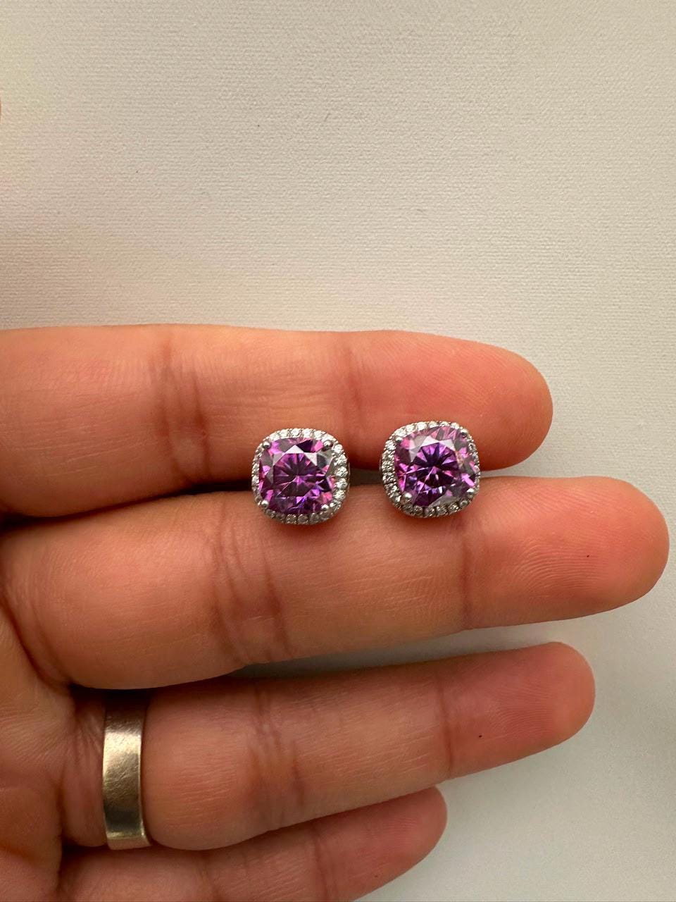 Purple Cushion Cut Moissanite Halo Stud Earrings, 925 Sterling Silver