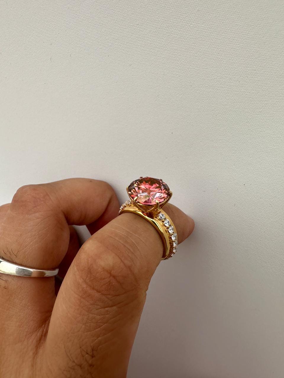 6 Ct Pink Red Moissanite Lotus Ring, 14K Yellow Gold Engagement Statement Ring